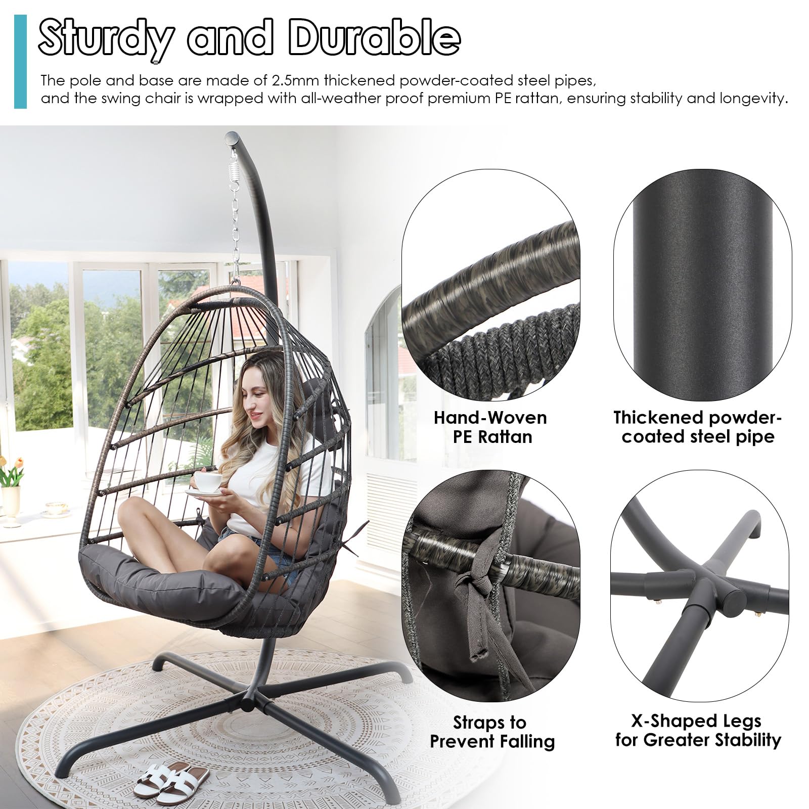 Hanging Egg Chair with Stand - Outdoor Swinging Chair with Water Resistant Cushions - Foldable Wicker Basket Chair for Patio, Garden, Balcony & Indoor Use - 350lb Weight Capacity (Dark Grey with Protective Cover) - Perfect for Relaxing, Reading & Lounging in Backyard or Sunroom