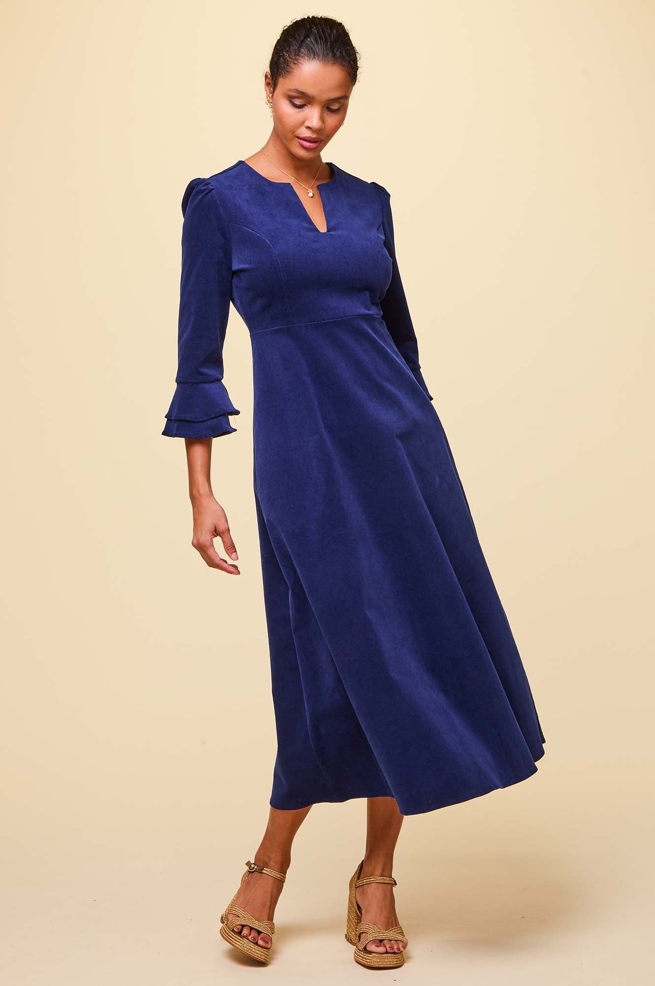 Stylish Jocelyn V-Neck 3/4 Sleeve Stretch Corduroy Dress in Atlantic Blue | Women's Casual Fall Dress for Office, Date Night & Holiday Parties