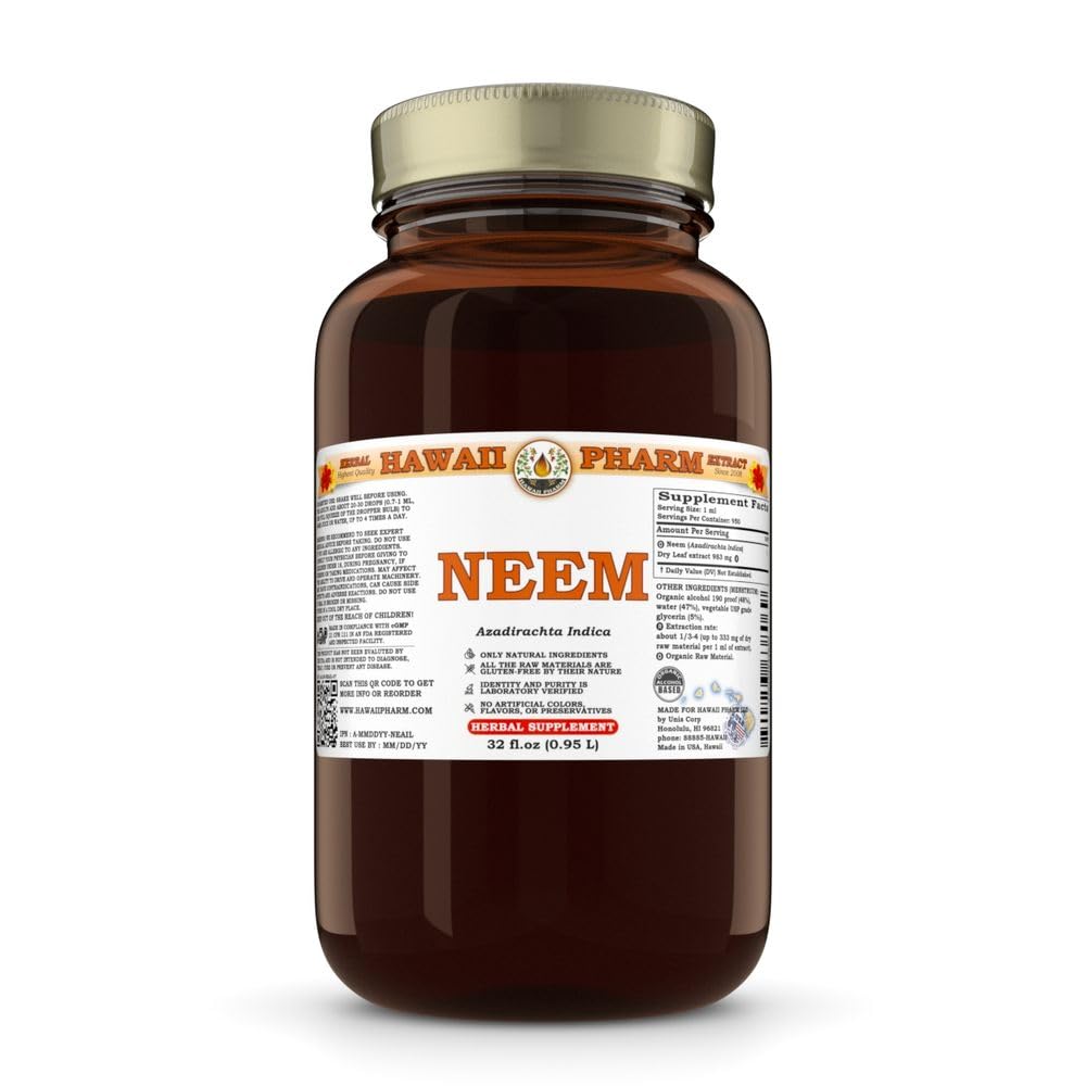 Neem (Azadirachta Indica) Liquid Extract Tincture - 32 fl.oz Herbal Supplement by Hawaii Pharm | USDA Organic, Made in USA | Supports Skin Health, Immune System & Natural Detox | Perfect for Daily Wellness Routine & Ayurvedic Remedies