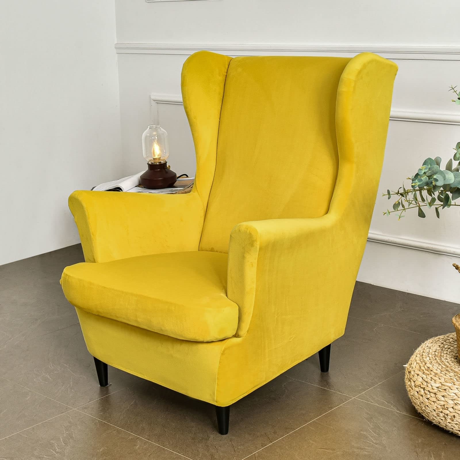 2-Piece Velvet Wingback Chair Slipcover - Stretch Elastic Armchair Cover, Soft Machine Washable Sofa Protector for Living Room, Bedroom, Office (Yellow) | Wing Chair Covers for Home Decor & Furniture Protection