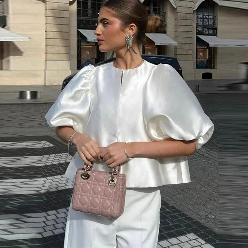 Elegant Satin Ruffle Blouse for Women - Lantern Short Sleeve Loose Fit O-Neck Top | Spring Summer Fashion Streetwear | Perfect for Office, Date Night & Casual Outings
