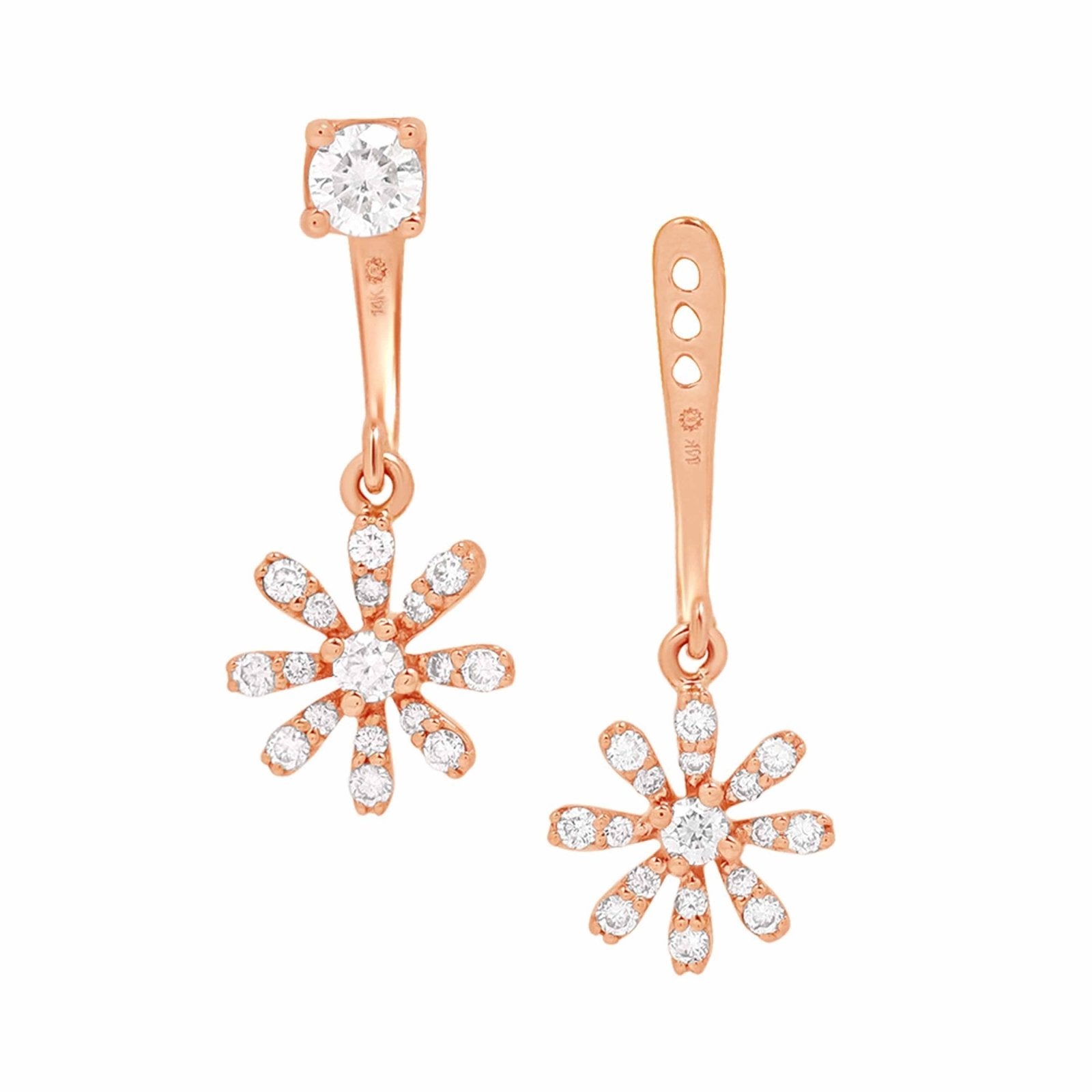 14K Rose Gold Diamond Flower Ear Jackets and Studs - Elegant Dangle Earrings for Women - Perfect for Weddings, Parties & Everyday Wear