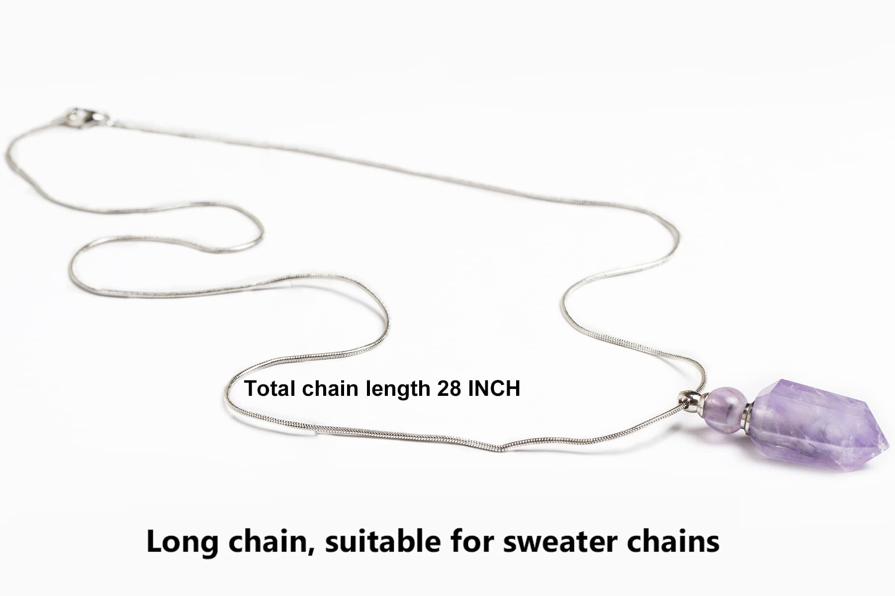 AMOYSTONE 1P Natural Amethyst Necklace - Long Chain Healing Crystal Pendant with Aromatherapy Oil Diffuser, Bullet Shape Women's Jewelry Gift for Meditation, Yoga & Spiritual Healing