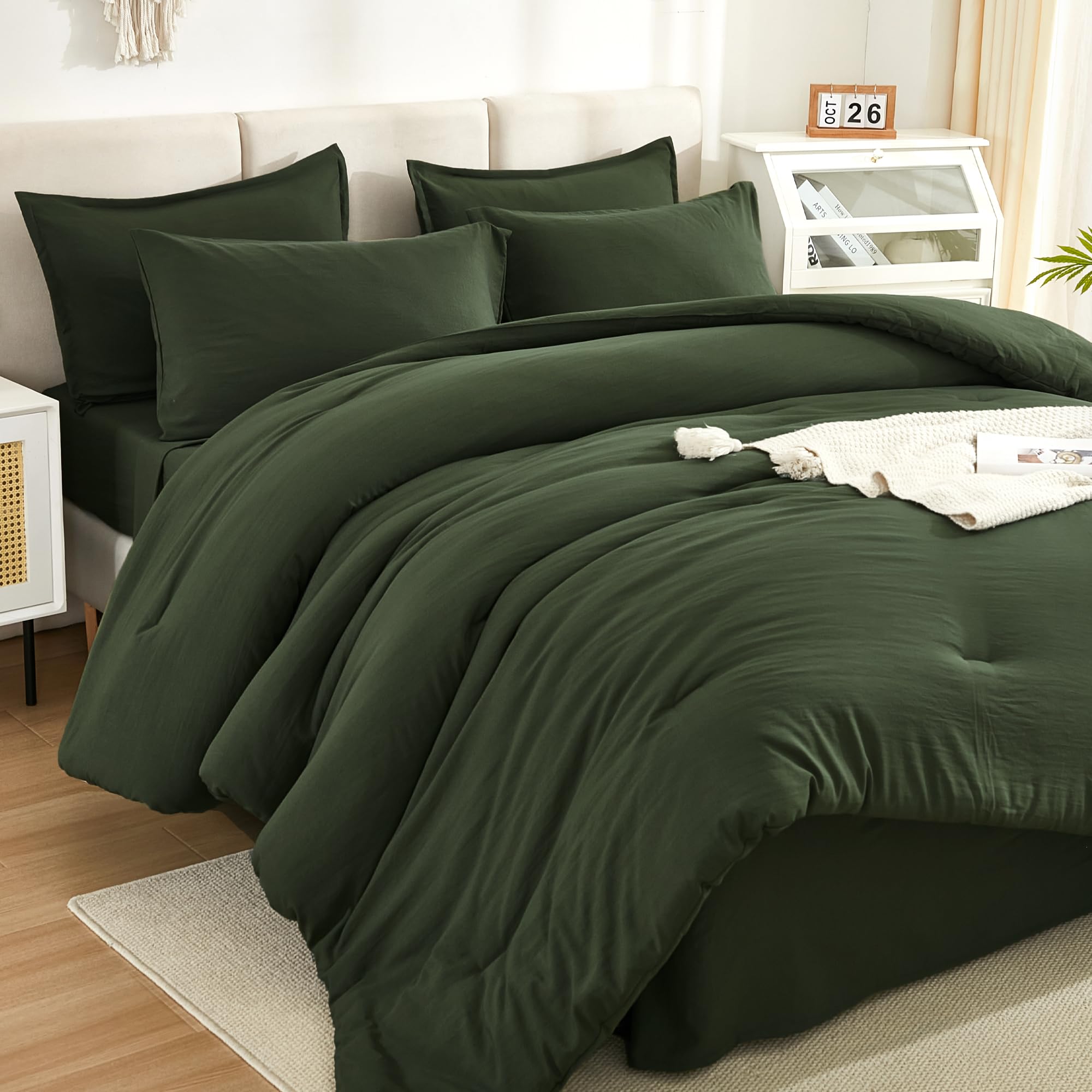 Litanika Dark Olive Green King Size Comforter Set - 7 Piece All-in-One Bedding Bundle with Lightweight Comforter, Sheets & Pillowcases | Perfect for Master Bedroom, Guest Room & Cozy Home Decor