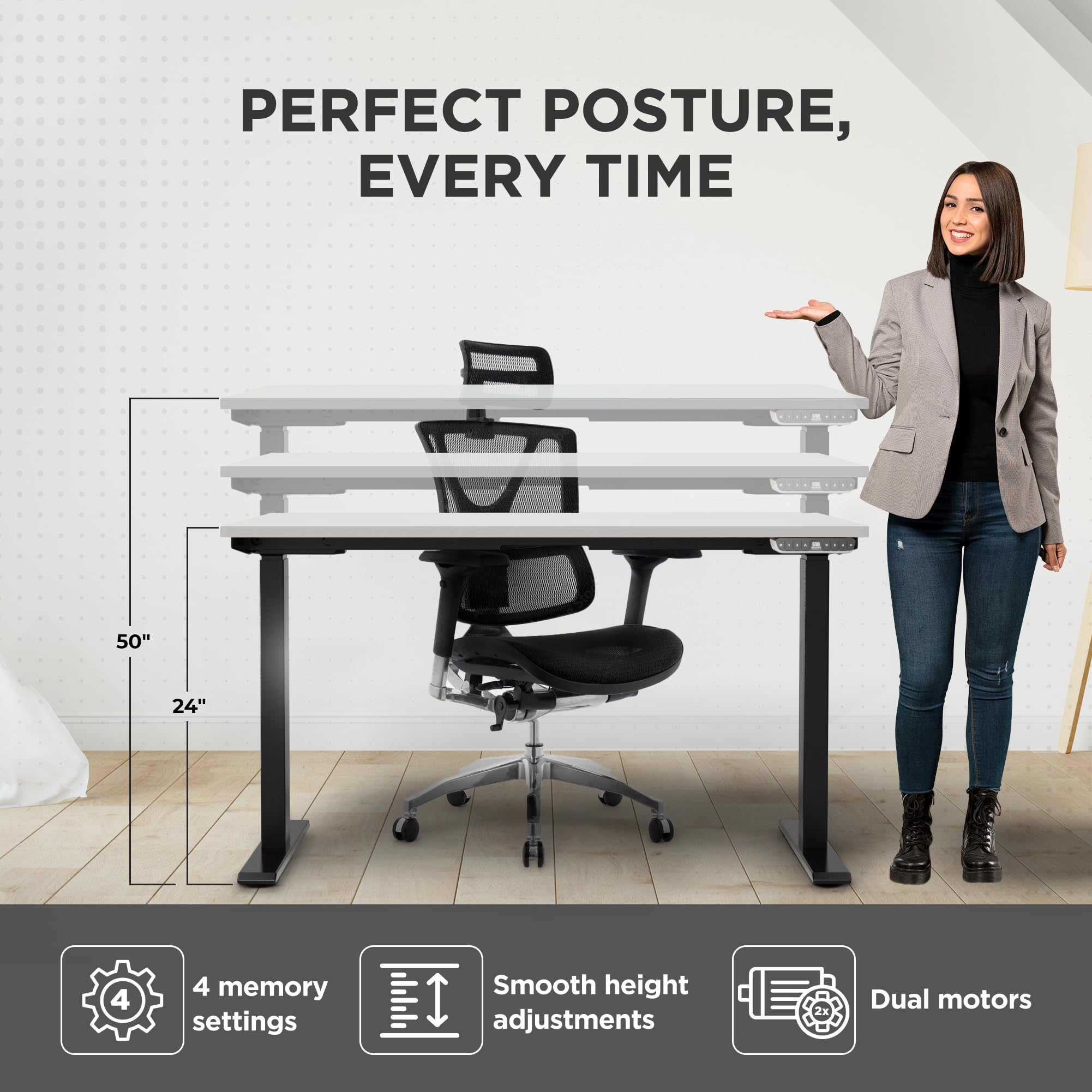 Rise UP Electric Standing Desk - 60x30 Inches Adjustable Height Wooden White Desk with Dual Motor, Large Sit Stand Desk for Home Office | Perfect for Ergonomic Workspace & Productivity Boost