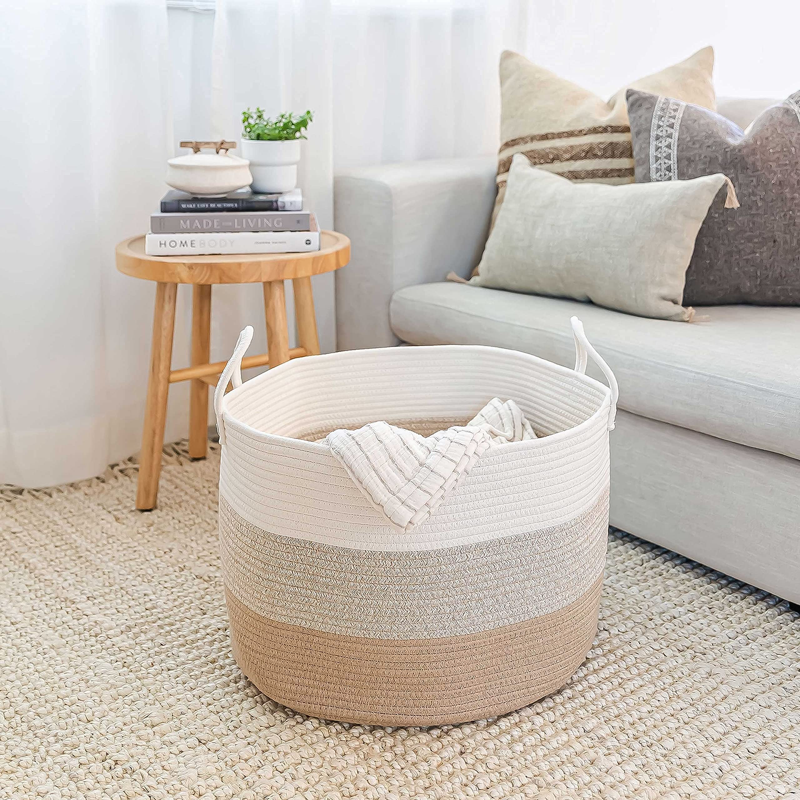 OrganiHaus Large Woven Storage Basket 20x13 Inch - Boho Chic Cotton Rope Laundry Hamper & Blanket Organizer for Living Room, Bedroom, Nursery - Perfect for Home Decor, Kids Toy Storage & Clothes Organization