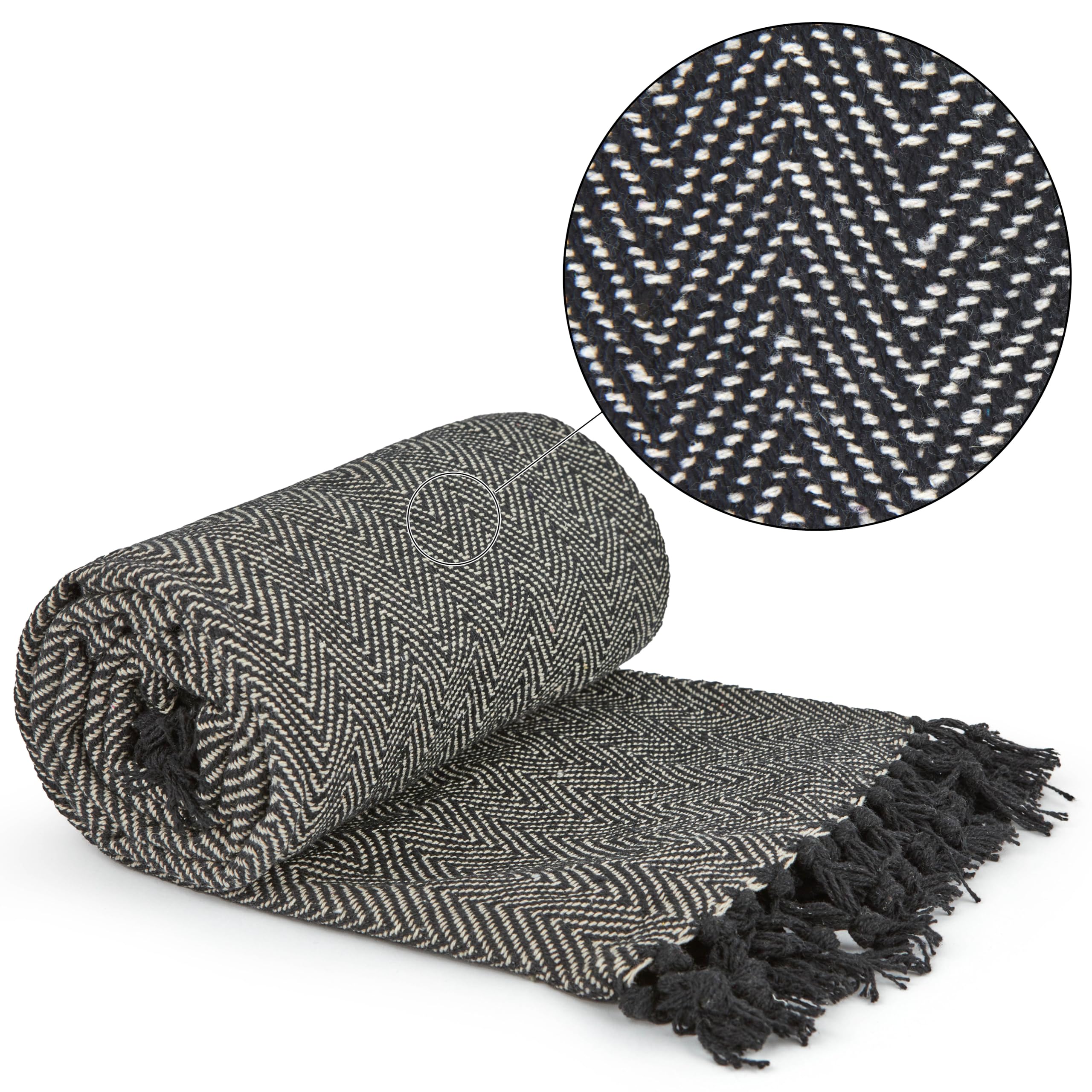 Emma Barclay Herringbone - Eco-Friendly Recycled Cotton Throw Blanket in Black - 50x60 Inches (127x152cm) - Perfect for Sofa, Chair, Bed & Home Decor