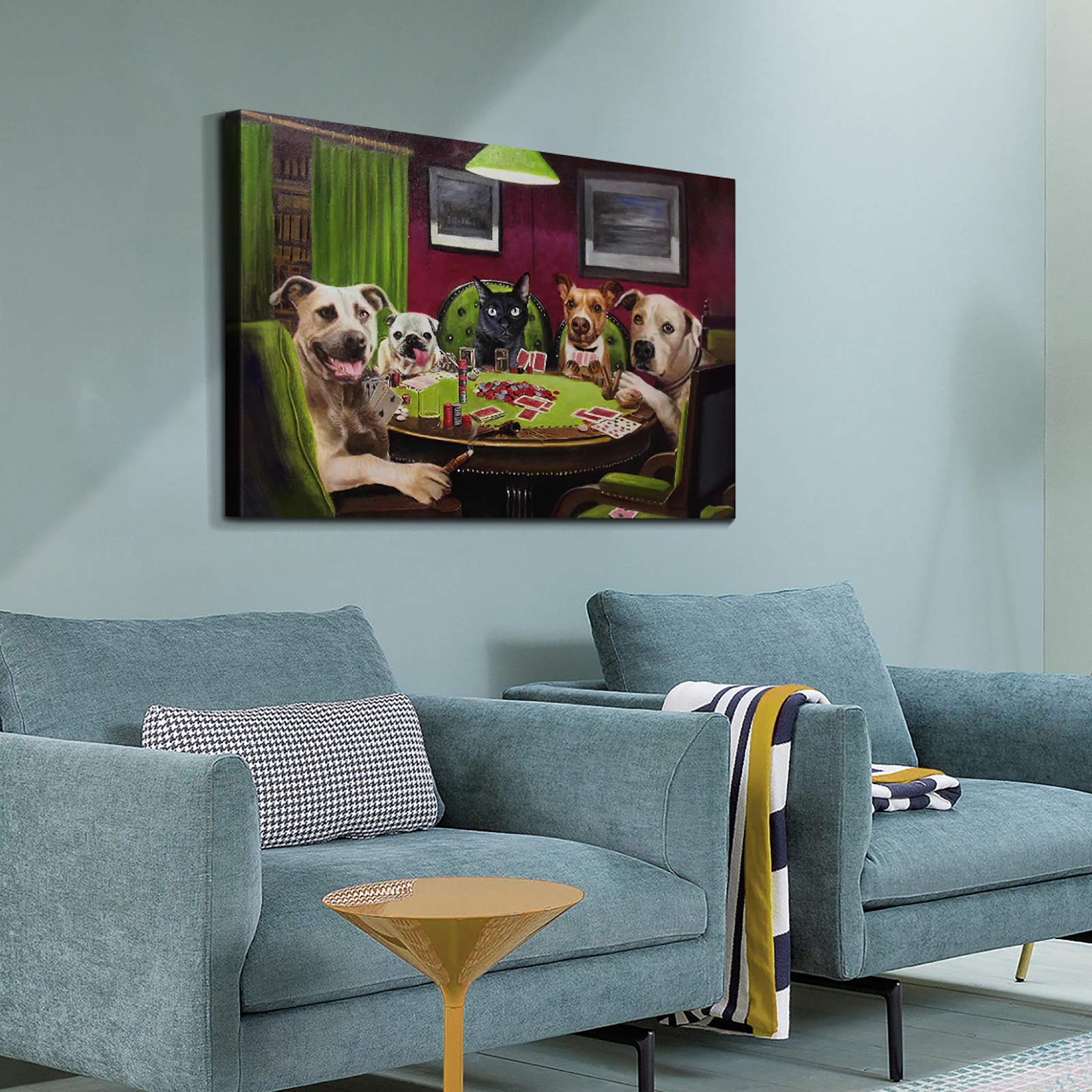 Denozer - Dogs Playing Poker by Cassius Marcellus Coolidge Oil Painting Reproduction - Premium Giclee Canvas Print Wall Art - Ready to Hang Gallery Wrapped - 48x32 Inches - Perfect for Game Room, Man Cave & Home Theater Decor