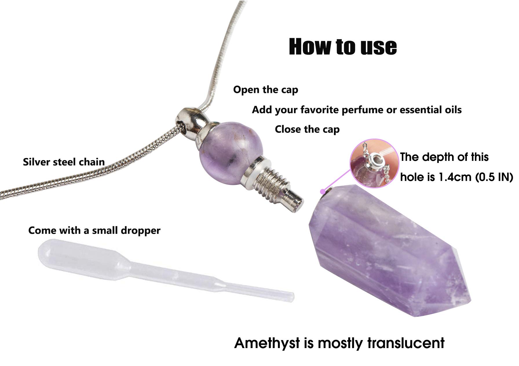 AMOYSTONE 1P Natural Amethyst Necklace - Long Chain Healing Crystal Pendant with Aromatherapy Oil Diffuser, Bullet Shape Women's Jewelry Gift for Meditation, Yoga & Spiritual Healing