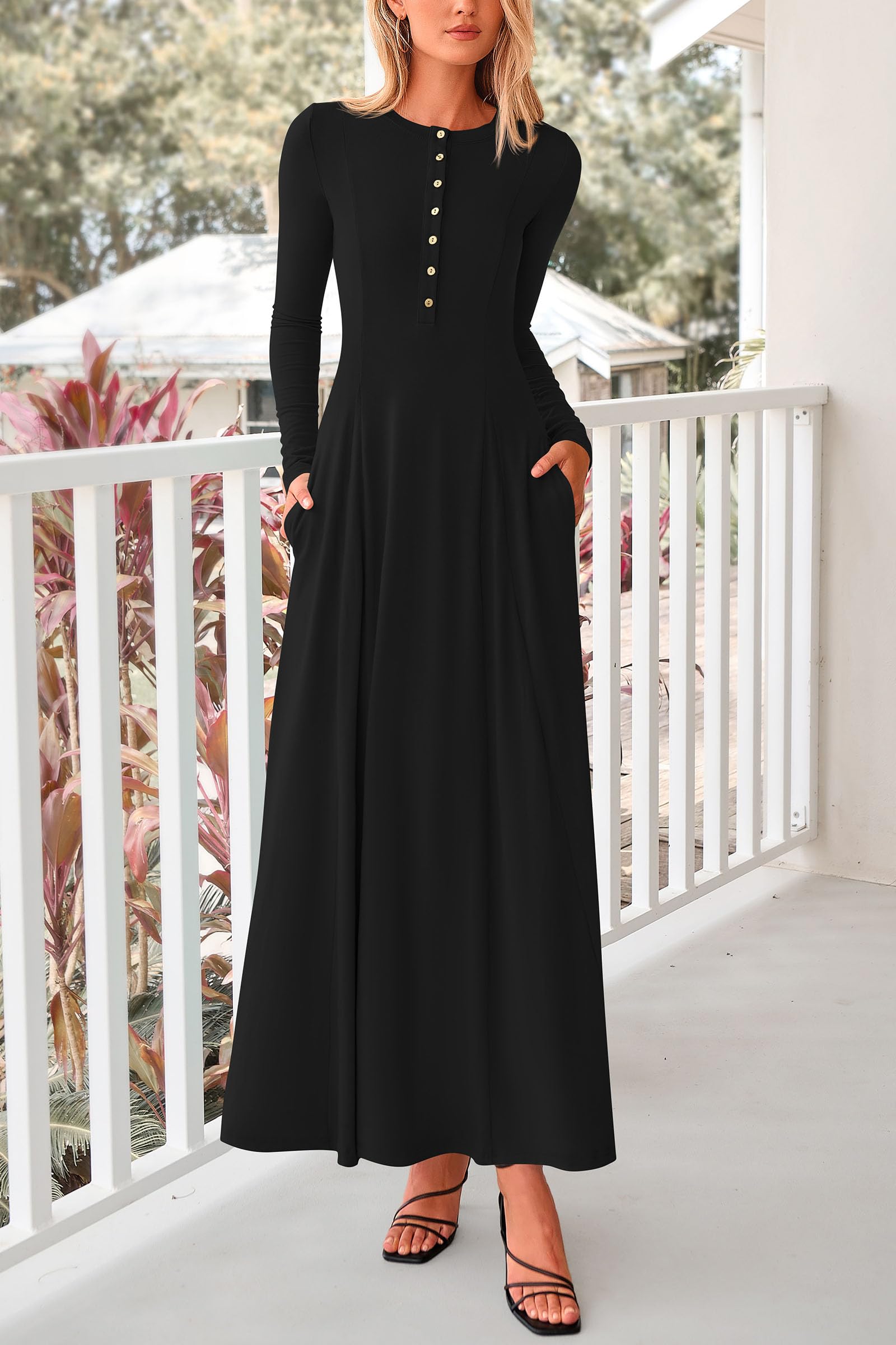 PRETTYGARDEN Women's Casual Maxi Dress 2025 - Spring Fashion Long Sleeve Button Down Fit & Flare Flowy Dress for Everyday Wear, Date Night & Vacation