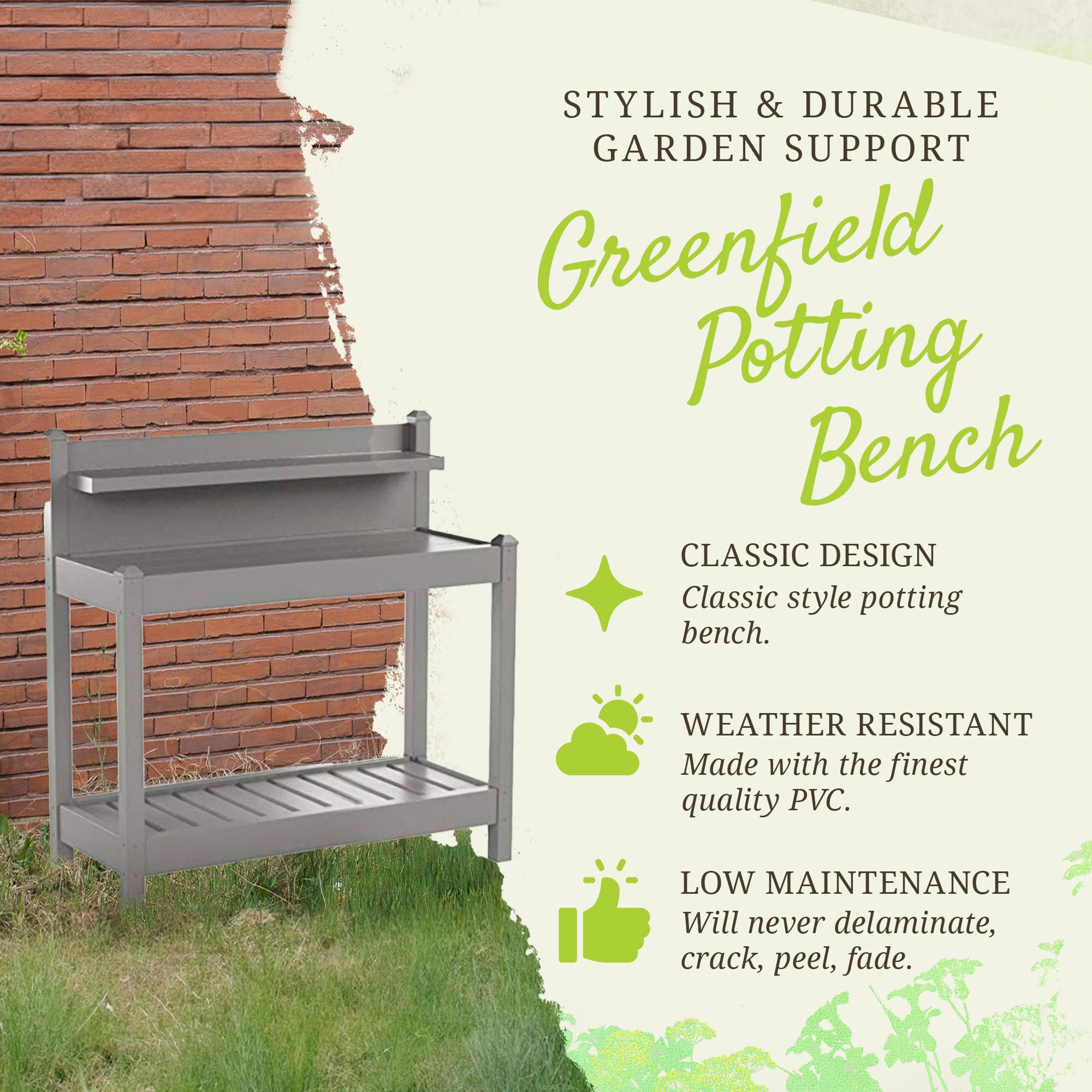 Durable Greenfield PVC Vinyl Indoor/Outdoor Potting Bench with Storage Shelf - Perfect for Gardening, Plant Care & Tool Organization - Ideal for Patio, Greenhouse & Backyard Use (Mocha)
