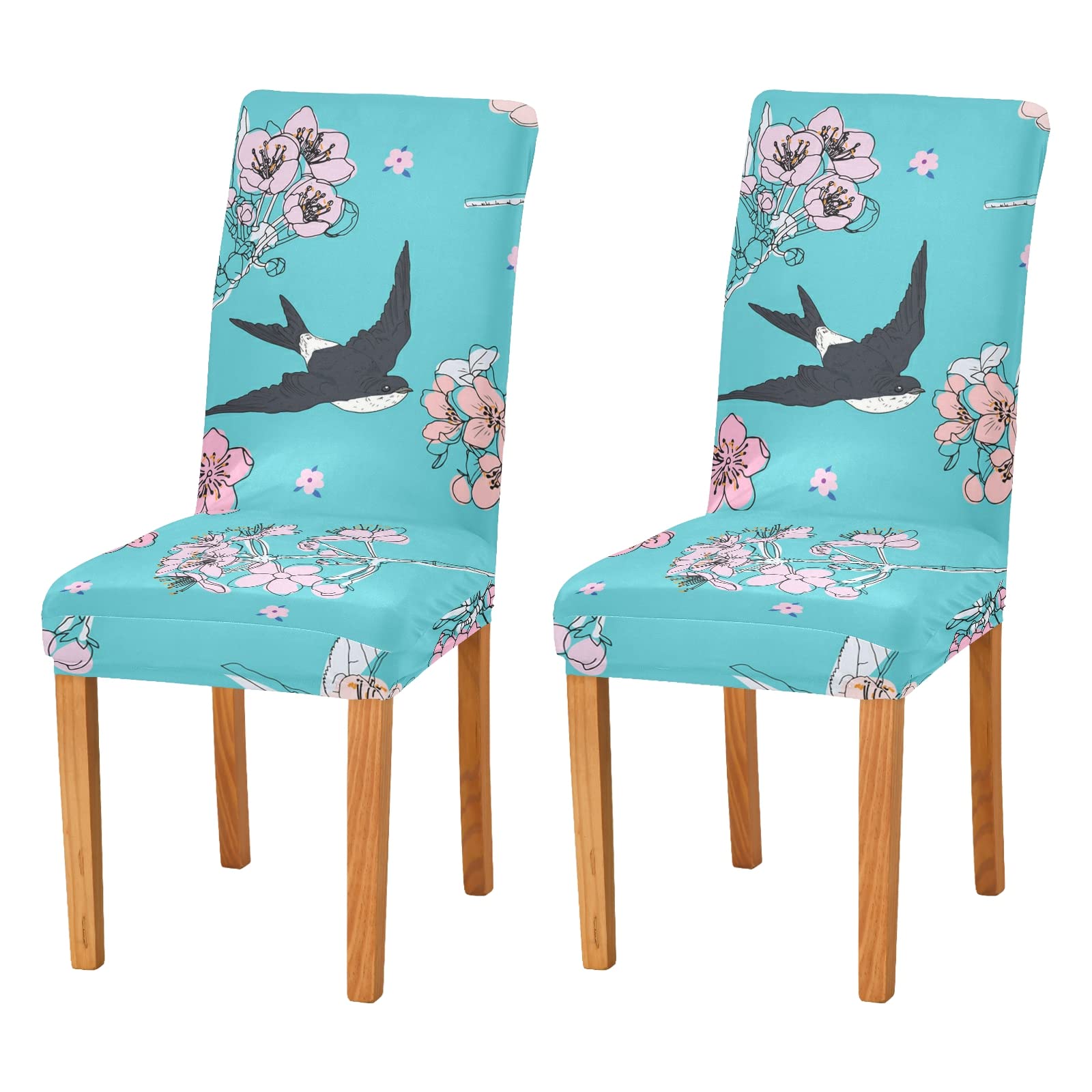 Washable Stretch Dining Chair Covers Set of 2 - Cherry Blossom Swallow Design Slipcovers for Dining Room, Hotel, Office & Party Decor | Fits Most Chairs | Easy to Clean & Remove | Perfect for Weddings, Banquets & Home Decor