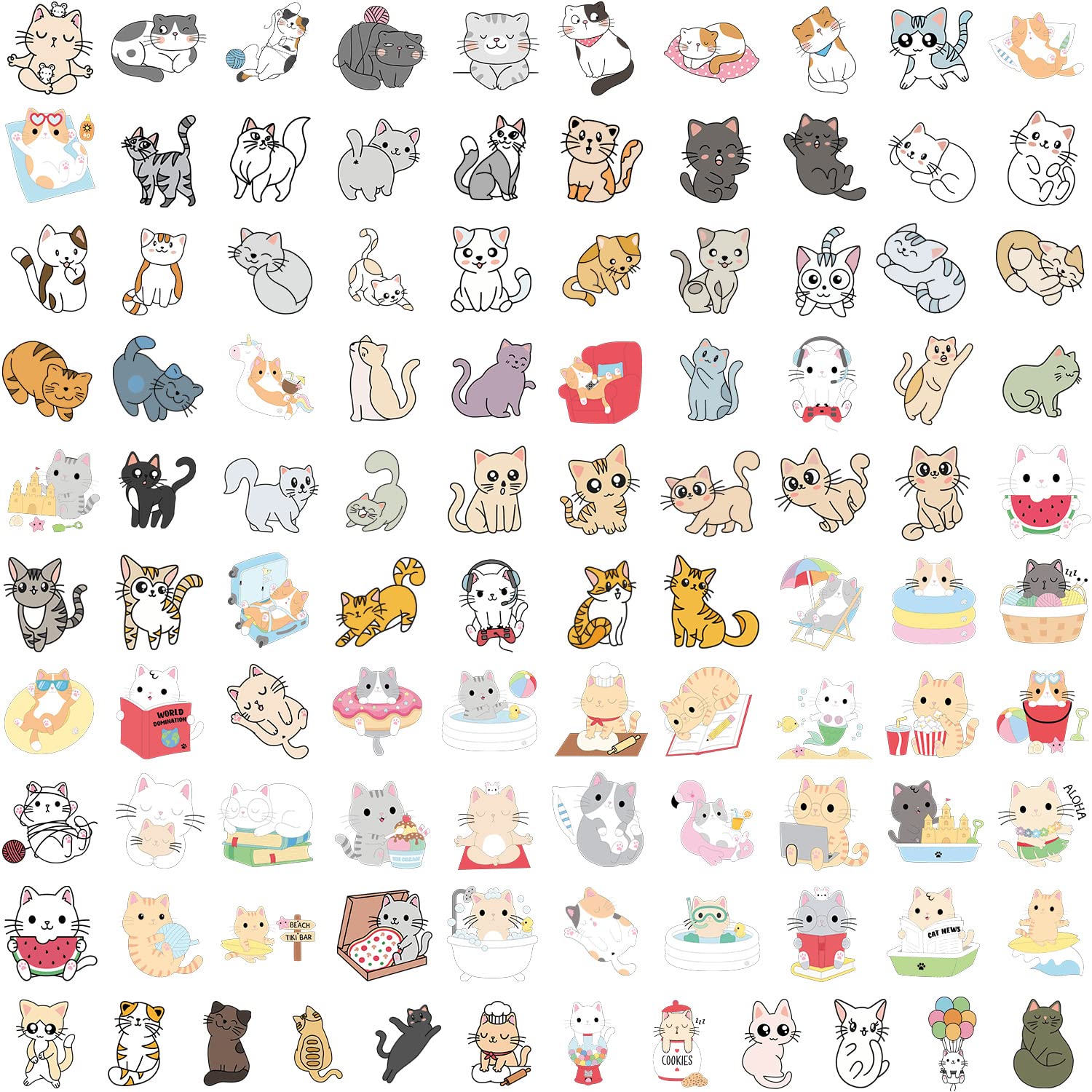 100 Pcs Cute Cat Stickers - Waterproof Vinyl Decals for Water Bottles, Laptops, Journals | Aesthetic Kitten Stickers for Kids, Adults, Girls & Women | Perfect for DIY Crafts, Scrapbooking & Personalizing Belongings