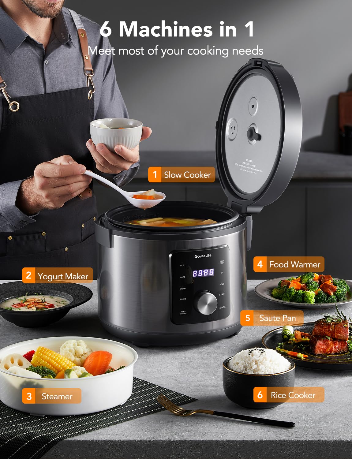 GoveeLife 6-in-1 Smart Rice Cooker & Multi-Cooker - 1000W 10-Cup (5.2Qt) Slow Cooker, Yogurt Maker, Steamer & Food Warmer with App Control & 33 Recipes - Perfect for Meal Prep, Family Dinners & Healthy Cooking