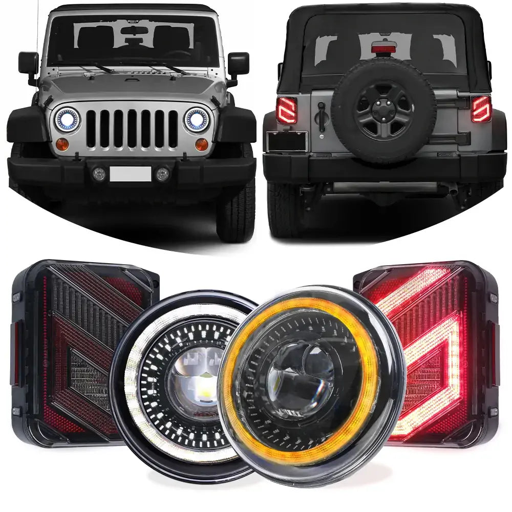 7 LED Headlight with Halo DRL and Turn Signal Lights & Smoked LED Tail Light Combo - High Performance Lighting Kit for Trucks, Jeeps, SUVs - Perfect for Off-Roading, Night Driving and Custom Vehicle Upgrades
