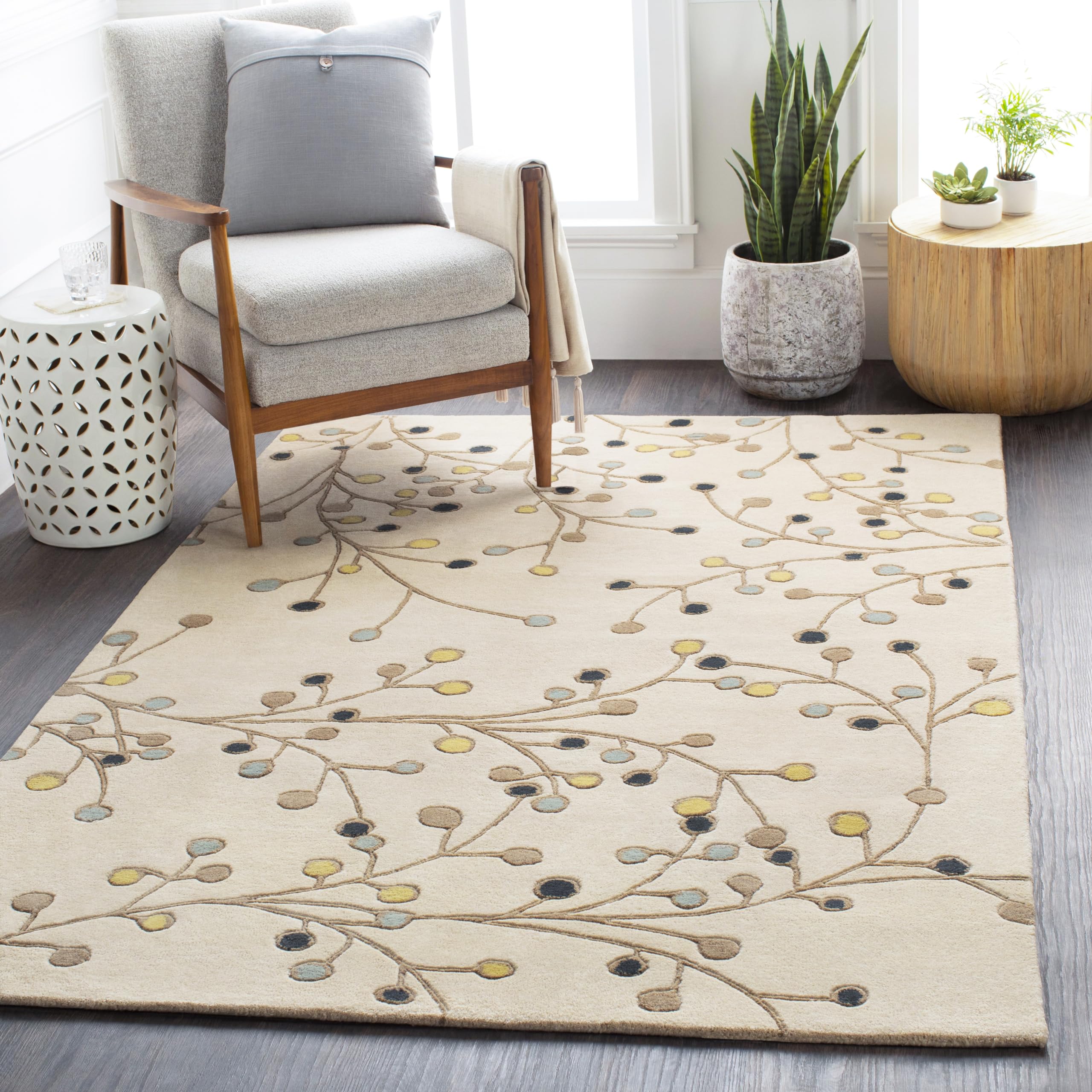 Mark&Day 6x6 Wool Area Rug - Le Havre Cottage Khaki Square Rug, Cream Yellow Blue Carpet for Living Room, Bedroom, Kitchen | Soft & Durable Floor Covering for Home Decor (6' Square)