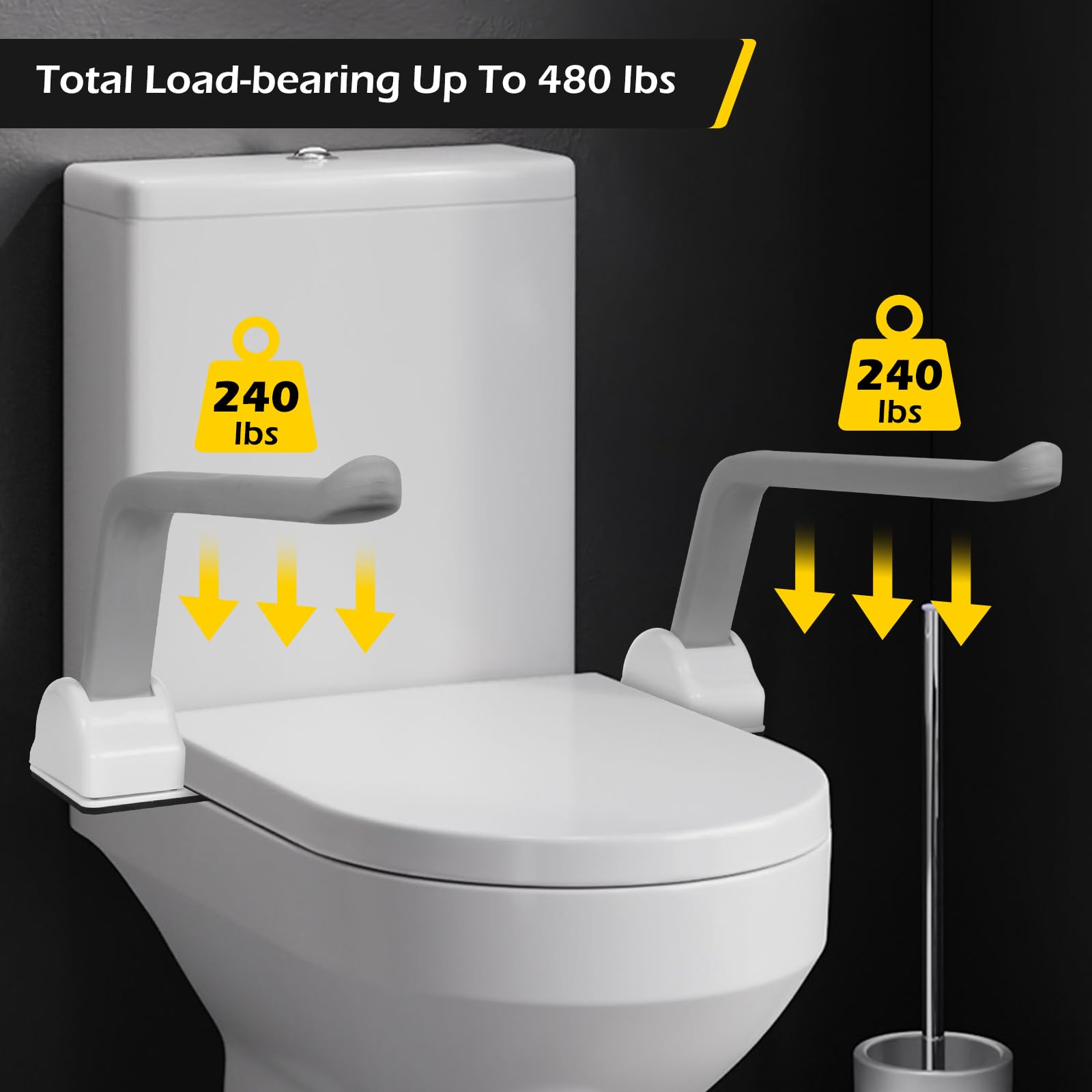 Dyna-Living Heavy-Duty Toilet Safety Rails – 480lbs Weight Capacity, Flip-Up Non-Slip Aluminum Alloy Armrest – Elderly Bathroom Assist Device for Seniors & Disabled – Ideal for Home Care, Post-Surgery Recovery & Mobility Support