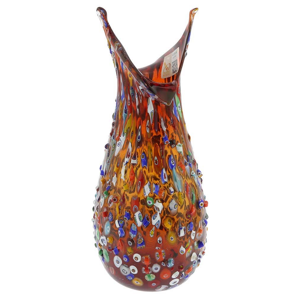 Venetian Murano Glass Millefiori Mosaic Flower Vase - Handcrafted Red Blooming Design | Elegant Home Decor for Living Room, Dining Table & Wedding Centerpieces