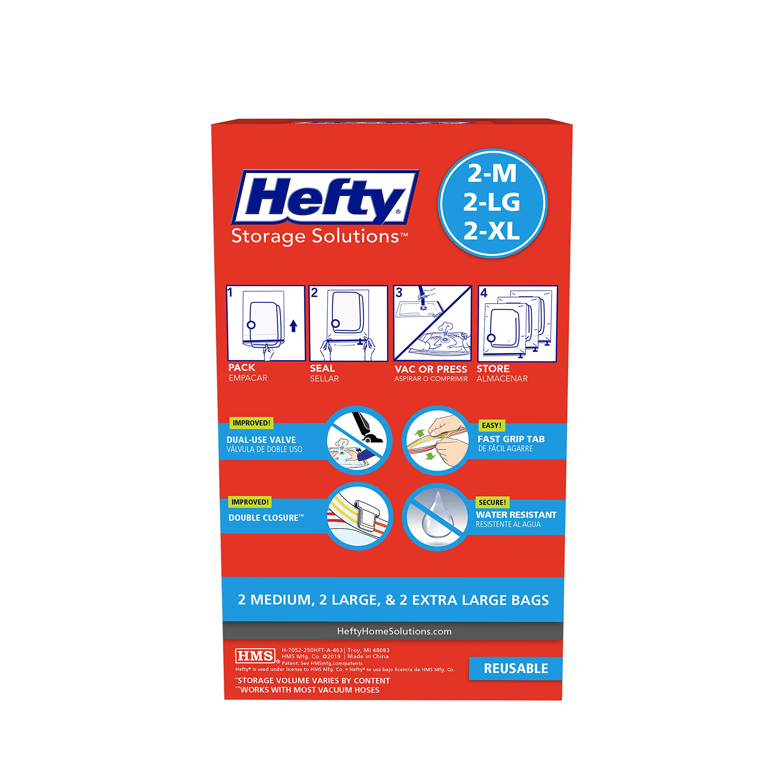 Hefty Shrink-Pak Vacuum Seal Storage Bags - 6 Piece Set (2 Medium, 2 Large, 2 XL) | Space Saving Bags for Clothes, Pillows, Towels & Blankets | Perfect for Travel, Seasonal Storage & Closet Organization