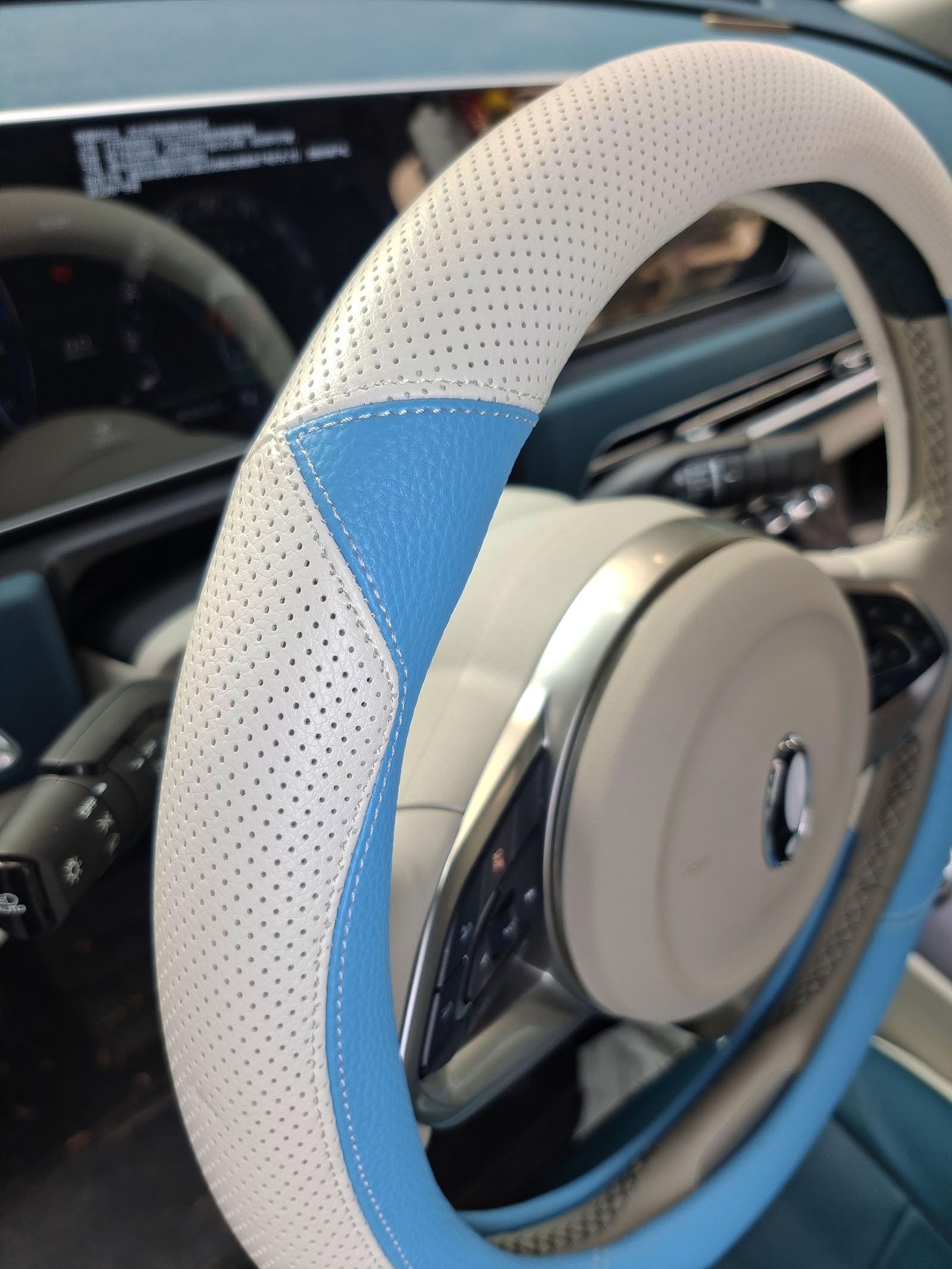 Premium Cool White & Blue Leather Steering Wheel Cover - Universal Fit for 15 Inch Wheels - Comfort Grip for Men & Women - Perfect for Summer Driving, Road Trips & Daily Commutes