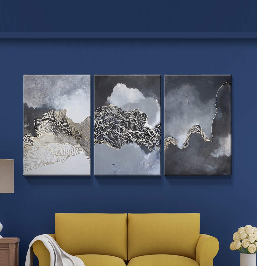 Denozer - 3 Panel Abstract Golden Line Canvas Wall Art - Stretched & Framed Ready to Hang - 24x36 Inches - Modern Home Decor for Living Room, Bedroom & Office