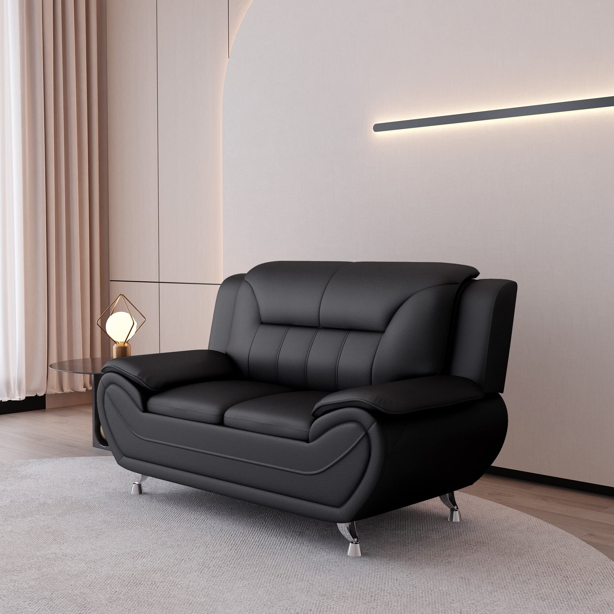 Michael Modern Faux Leather Upholstered Sofa with Stainless Steel Legs - Loveseat & Living Room Couch in Midnight Black | Perfect for Small Spaces, Apartments & Contemporary Home Decor
