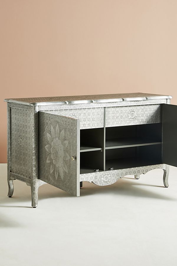 Hand Embossed Metal Buffet Table in White | Indian Handcrafted Sideboard with Floral Design | Perfect for Dining Room, Living Room & Wedding Decor