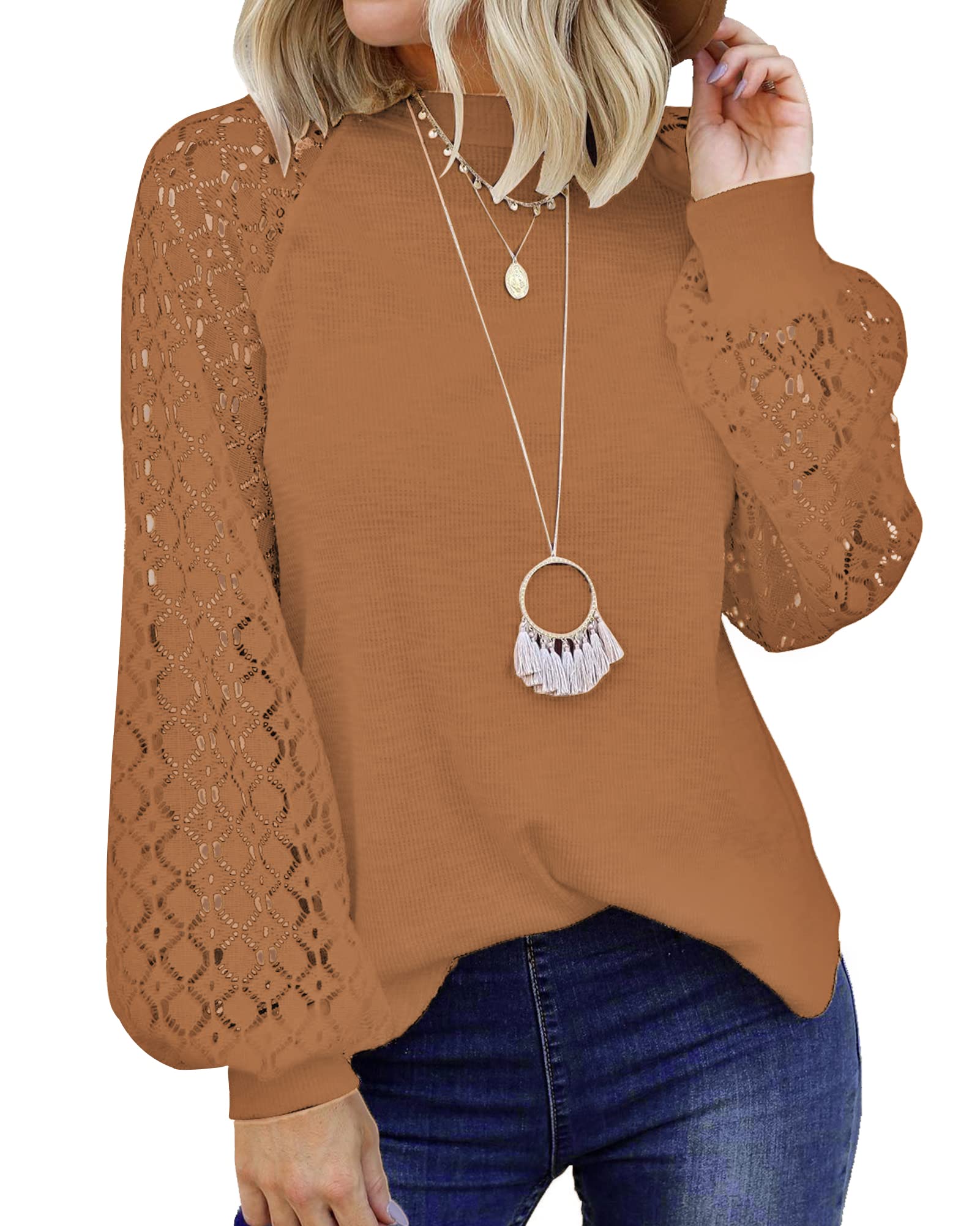 PLOKNRD Women's Long Sleeve Lace Waffle Knit T-Shirt - Casual Loose Blouse for Fall & Winter, Perfect for Office, Dating and Daily Wear