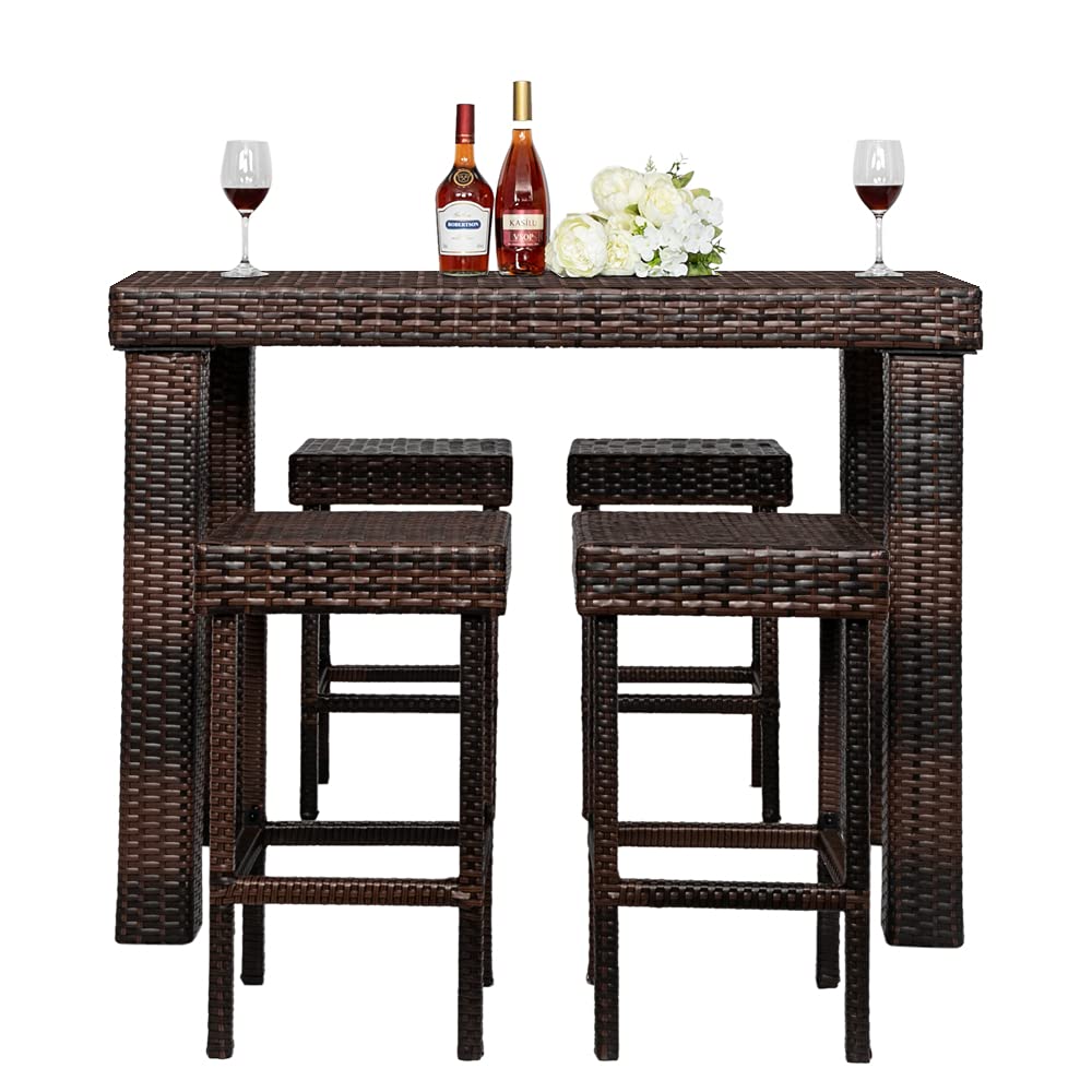 Henf 5-Piece Rattan Dining Set - Outdoor Wicker Bar Table with 4 Stools for Patio, Backyard, Porch, Garden & Poolside | Weather-Resistant Furniture for Outdoor Entertaining, BBQ Parties & Relaxing