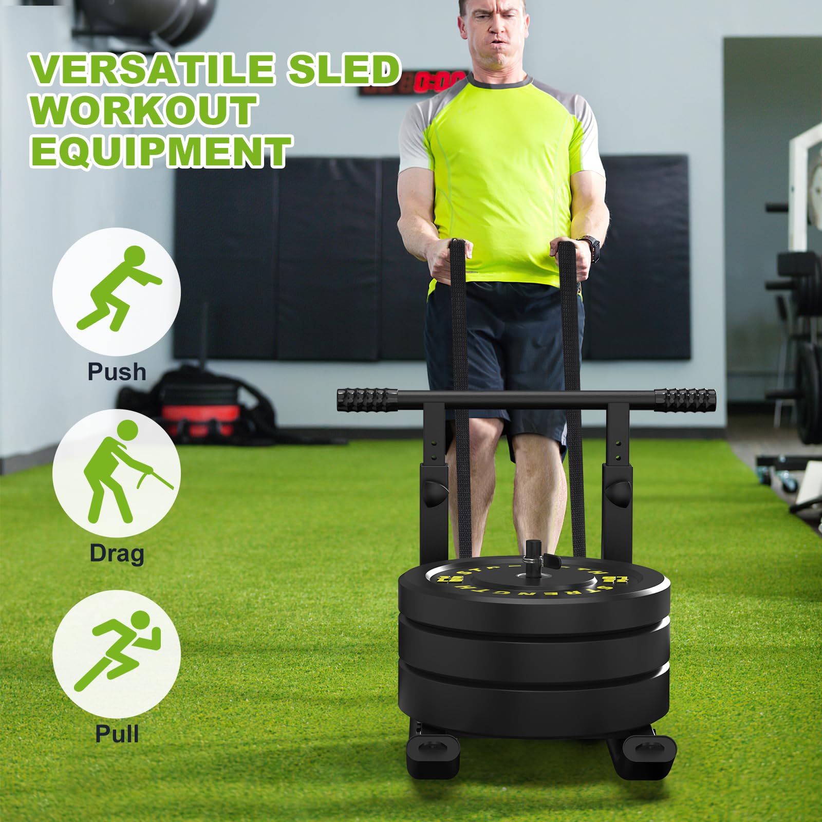 Heavy Duty Weight Sled for Strength Training - Adjustable Push Pull Gym Sled with Height-Adjustable Handle - Fitness Equipment for Muscle Building & Speed Improvement - Compatible with 1