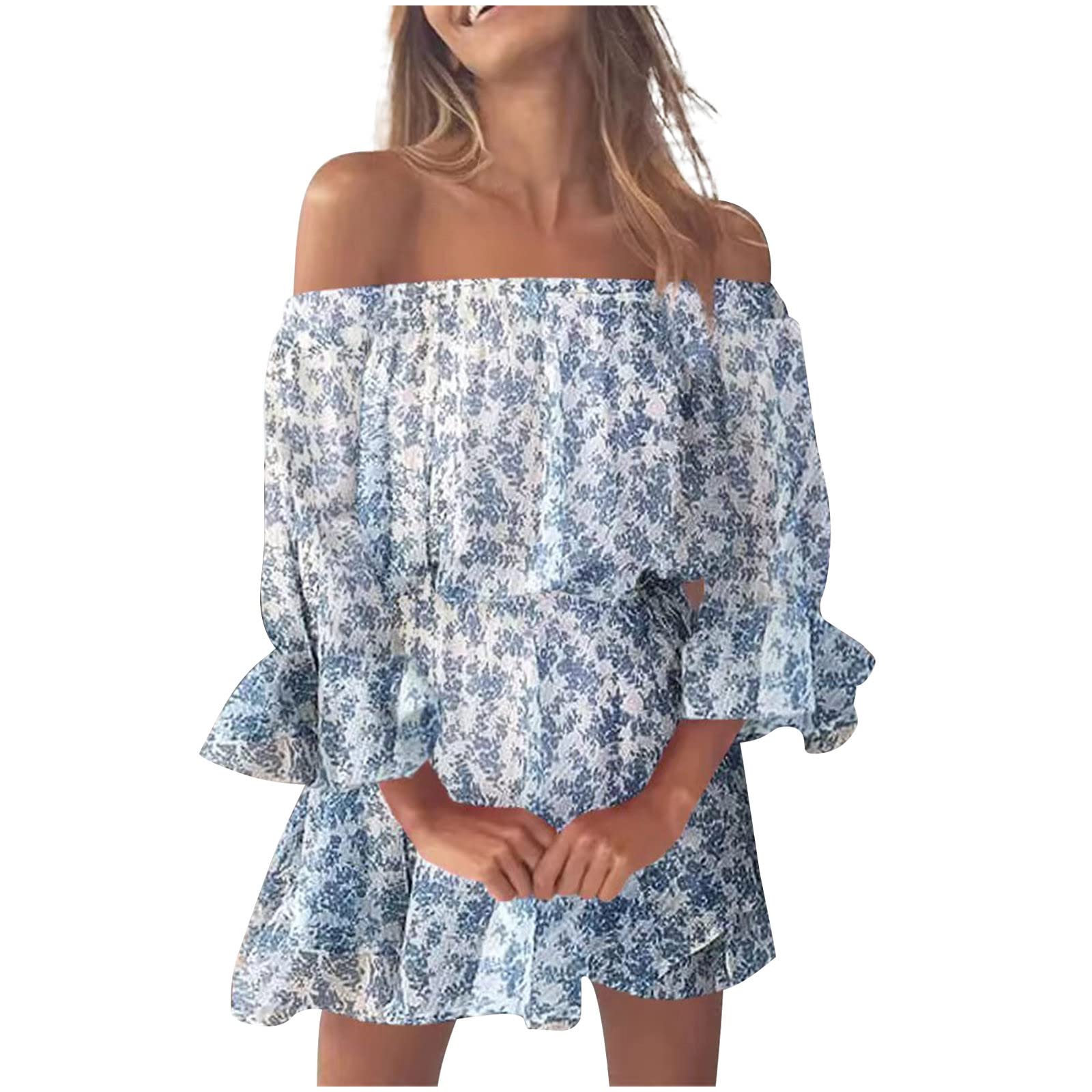 Sexy Off Shoulder Summer Dress for Women - Floral Print Bell Sleeve Trendy Dress | Perfect for Beach Vacation, Date Night & Party Wear
