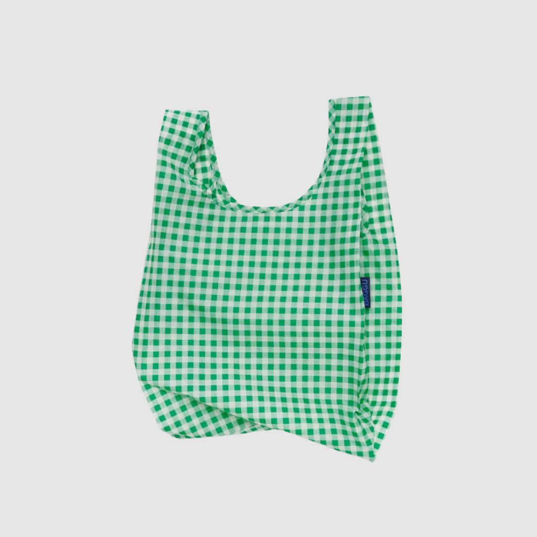 Baby Baggu Reusable Shopping Tote Bag - Green Gingham Print - Eco-Friendly Grocery & Diaper Bag for Moms - Perfect for Shopping, Beach Trips & Daily Errands