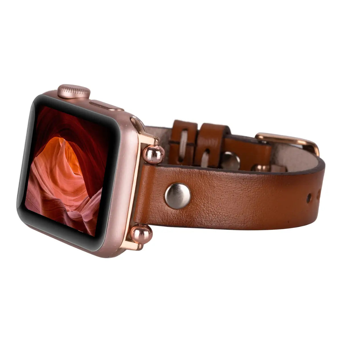 Premium Brown Leather Ultra Slim Apple Watch Band with Silver Rivet - Stylish & Durable Replacement Strap for Work, Gym & Everyday Wear