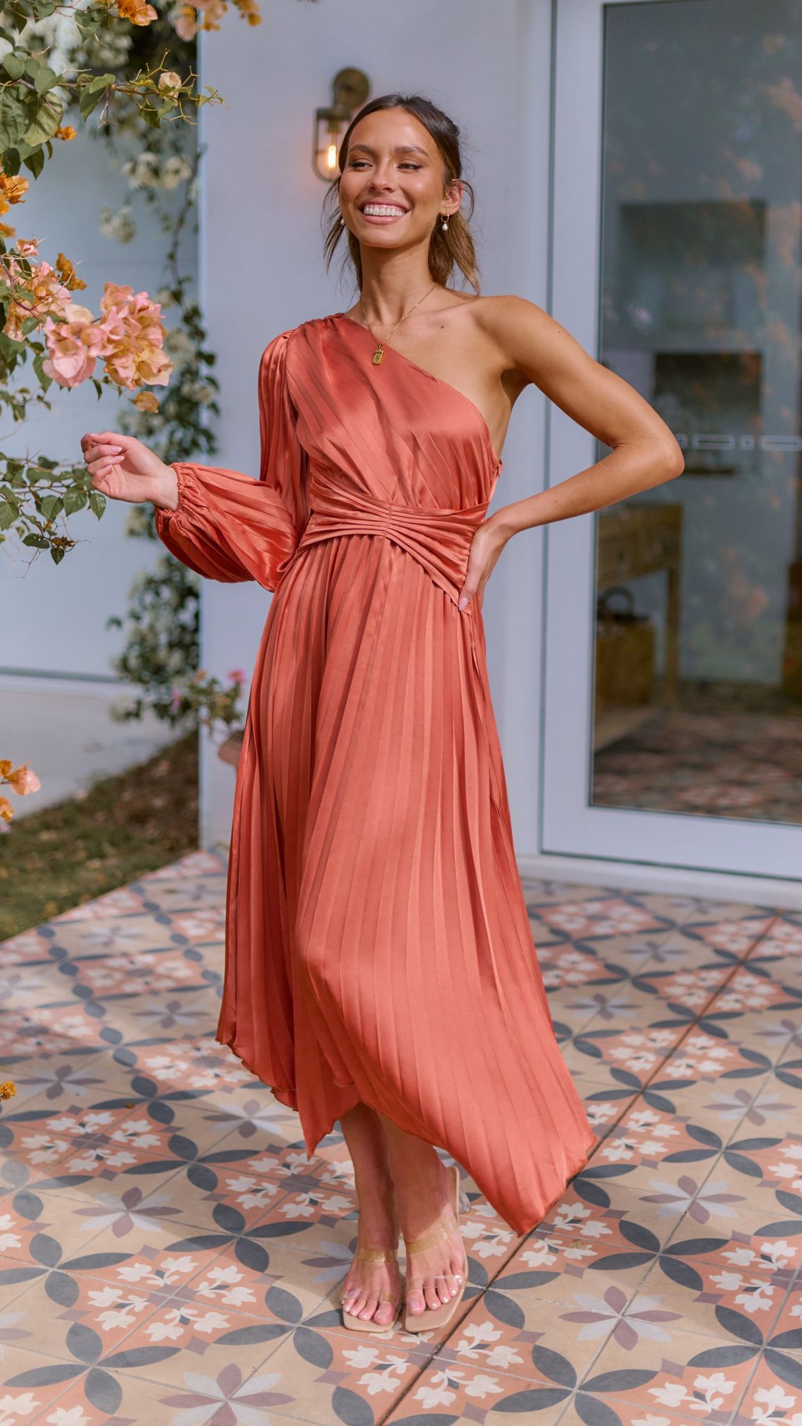 Brooklyn One Shoulder Midi Dress in Copper - Elegant Cocktail Party & Evening Wear for Women