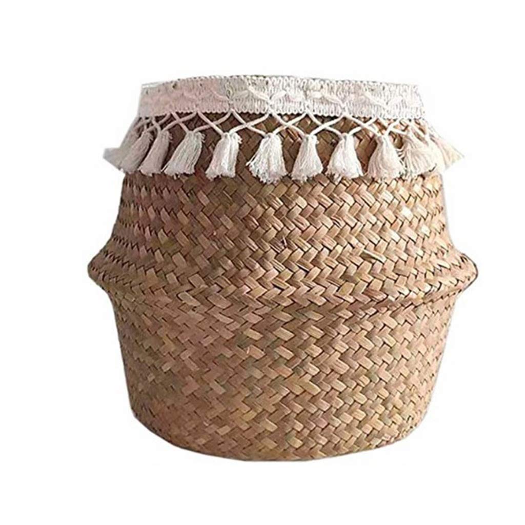 Hand-Woven Seagrass Flower Basket with Fringe - Foldable Creative Home Decor for Storage, Picnics & Boho Style Decorations