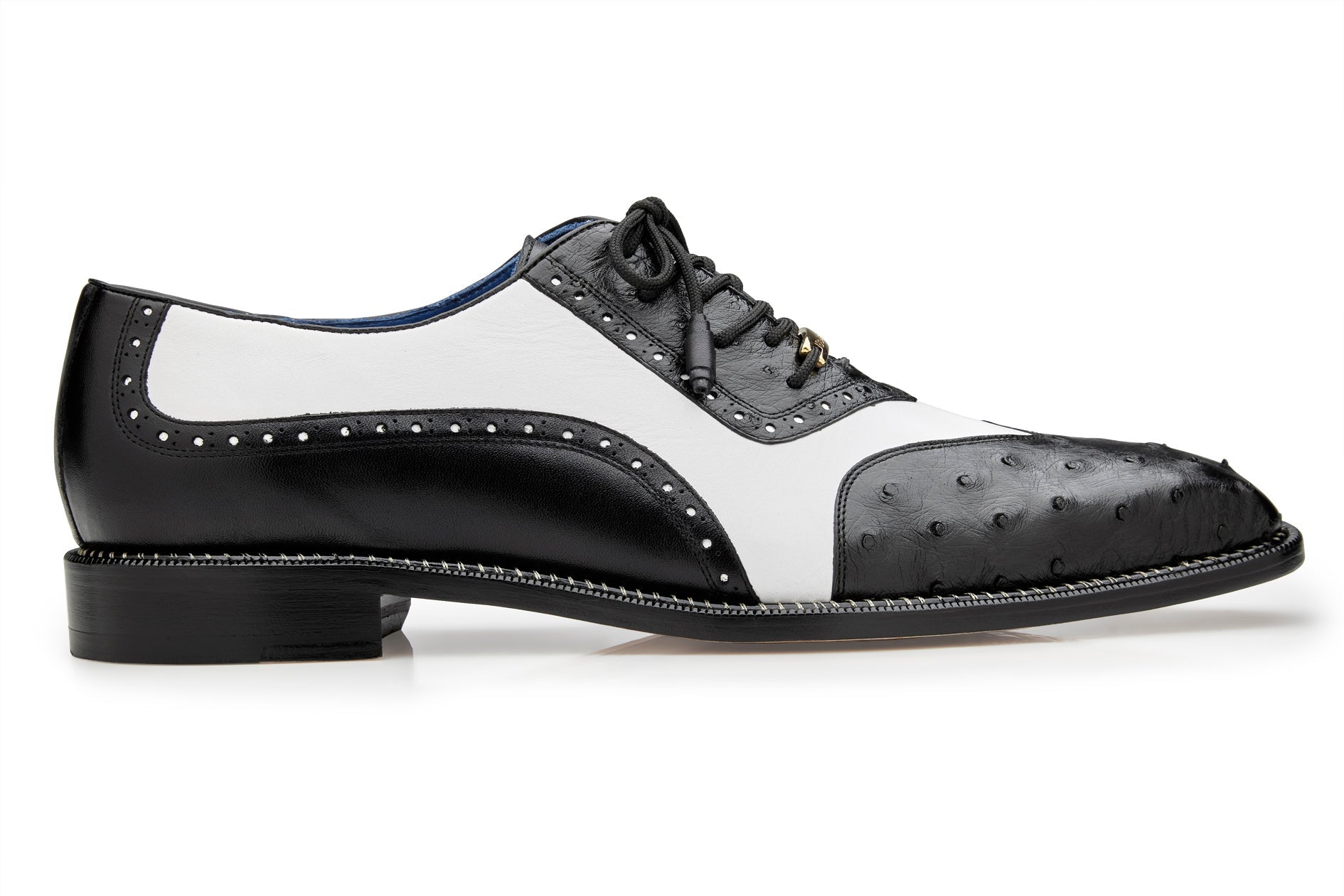 Belvedere Sesto Genuine Ostrich Quill & Italian Leather Wingtip Dress Shoes for Men - Black/White Size R54 | Premium Business Formal & Wedding Attire