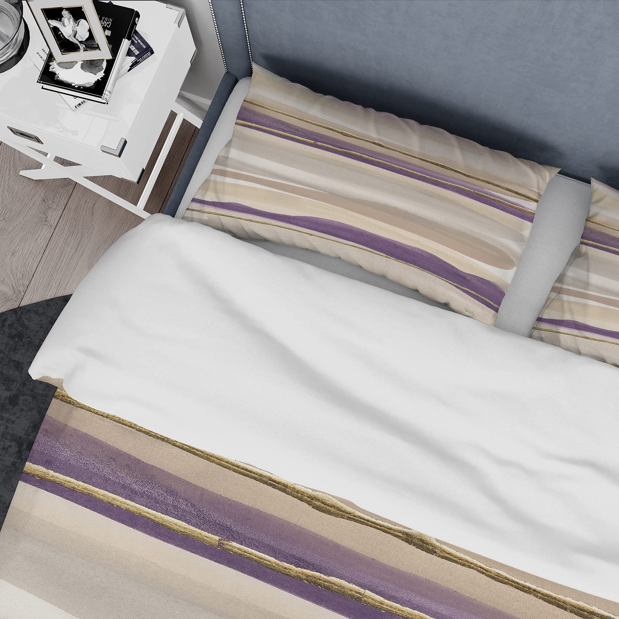 DesignQ Glam Purple III Shabby Chic Duvet Cover Set - King Size Beige Abstract Bedding (3-Piece) | All-Season Luxury Bedroom Decor for Master Bedroom, Guest Room & Airbnb