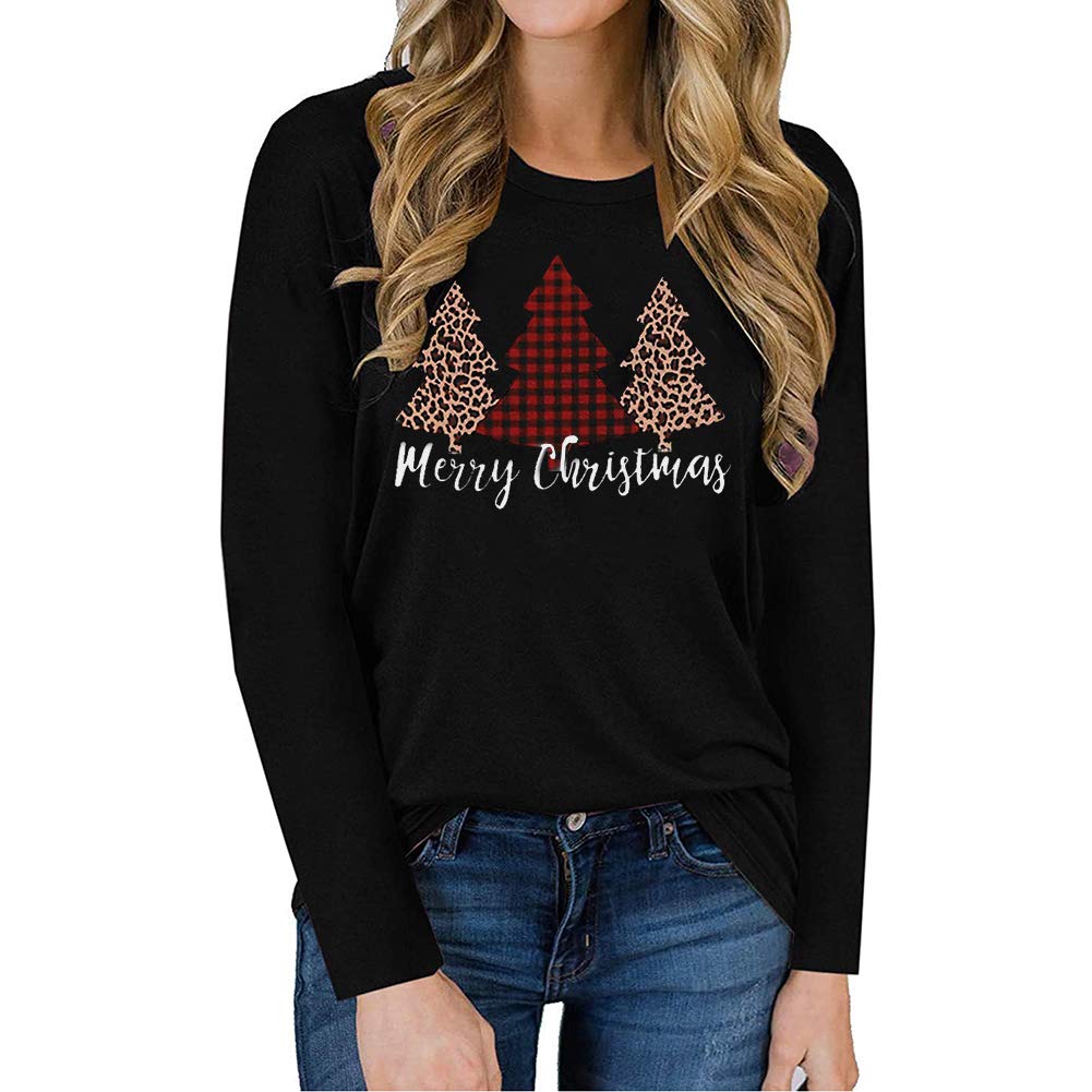 Funny Christmas Graphic Tee for Women - Cute Leopard Plaid Tree Long Sleeve Crewneck T-Shirt | Holiday Party Outfit, Ugly Sweater Contest, Family Photos & Festive Gift