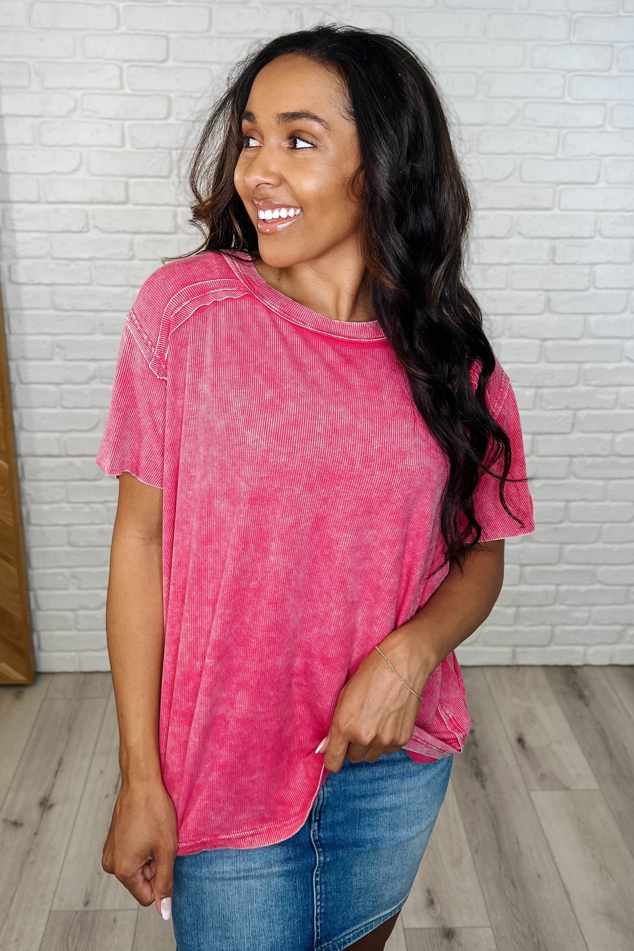 Easy Style Basic Mineral Wash Top in Hot Pink - Women's Casual T-Shirt for Everyday Wear, Summer Outfits & Layering
