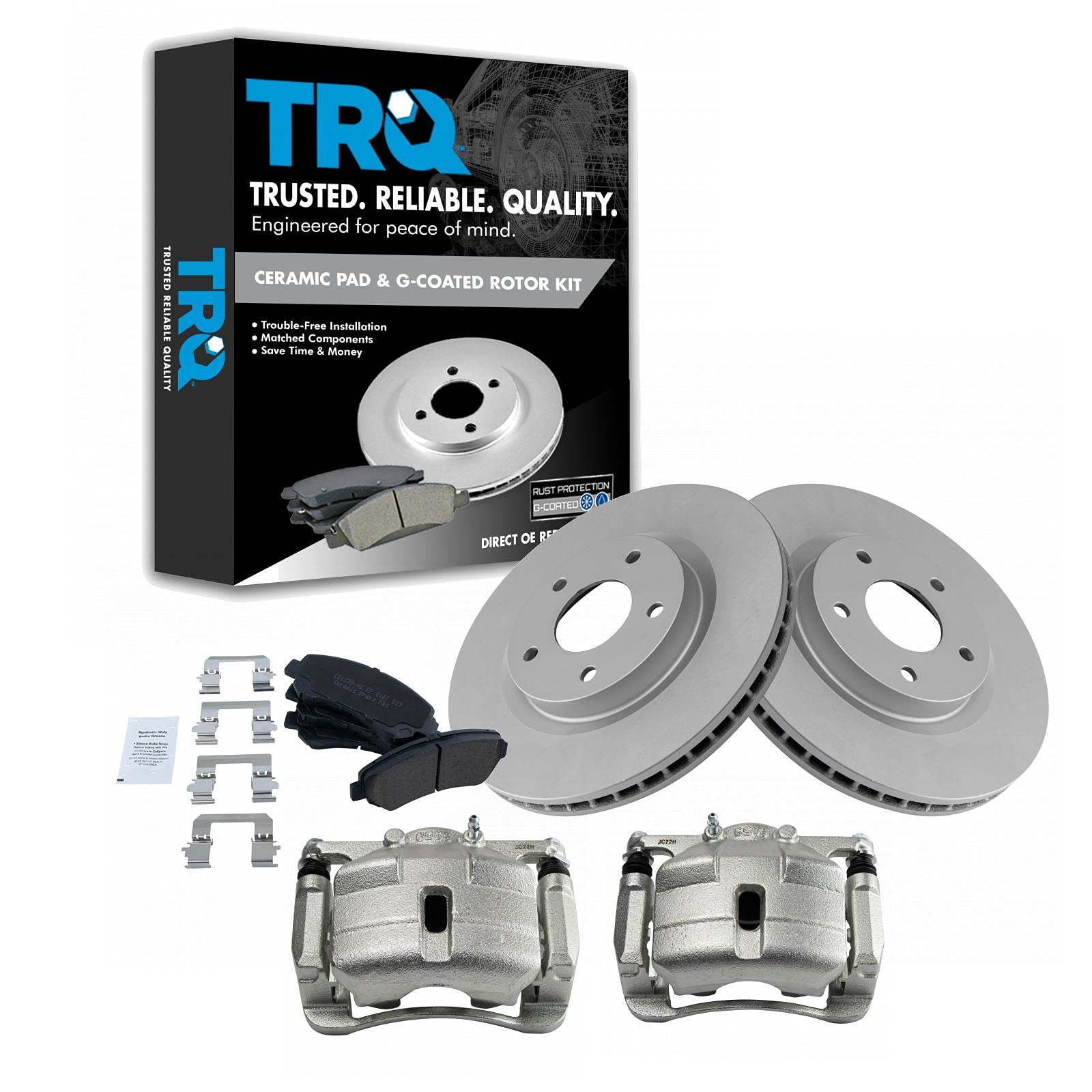 TRQ Premium Ceramic G-Coated Front Brake Pad & Rotor Kit - Compatible with 2008-2013 Nissan Rogue & 2014-2015 Rogue Select - High Performance Braking for City Driving & Highway Commutes