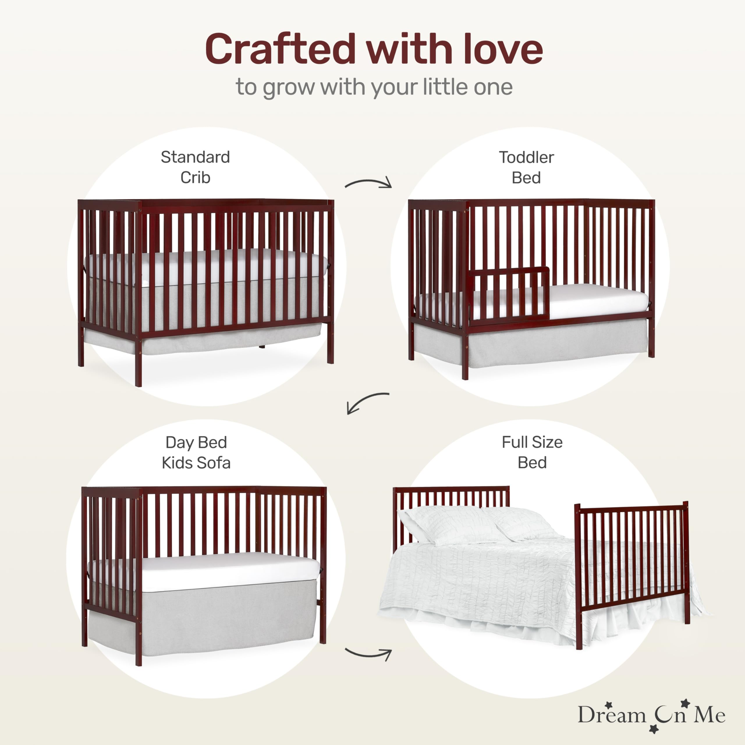 Dream On Me Synergy 5-in-1 Convertible Crib - Cherry Finish | JPMA & Greenguard Gold Certified | Solid Reclaimed New Zealand Pine Wood | 3 Adjustable Mattress Heights | Perfect for Nursery, Toddler Room & Guest Bedroom