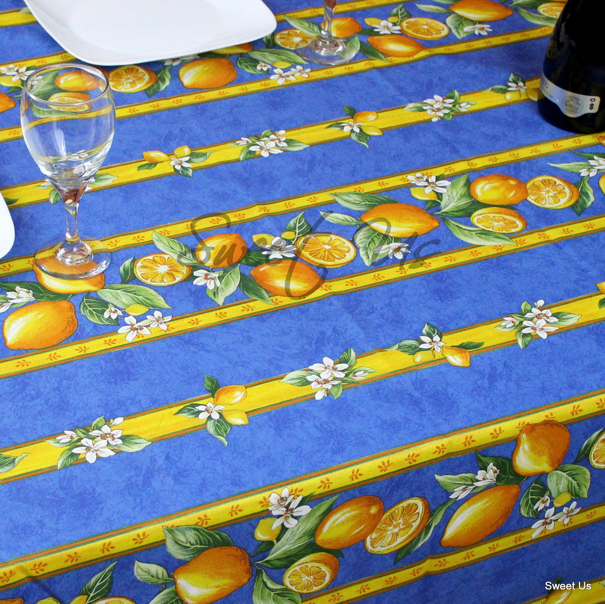 La Cigale Citron Wipeable Spill-Resistant Acrylic Coated Floral Cotton French Provencal Tablecloth - 60x78 Inch Blue - Perfect for Indoor Dining & Outdoor Picnics