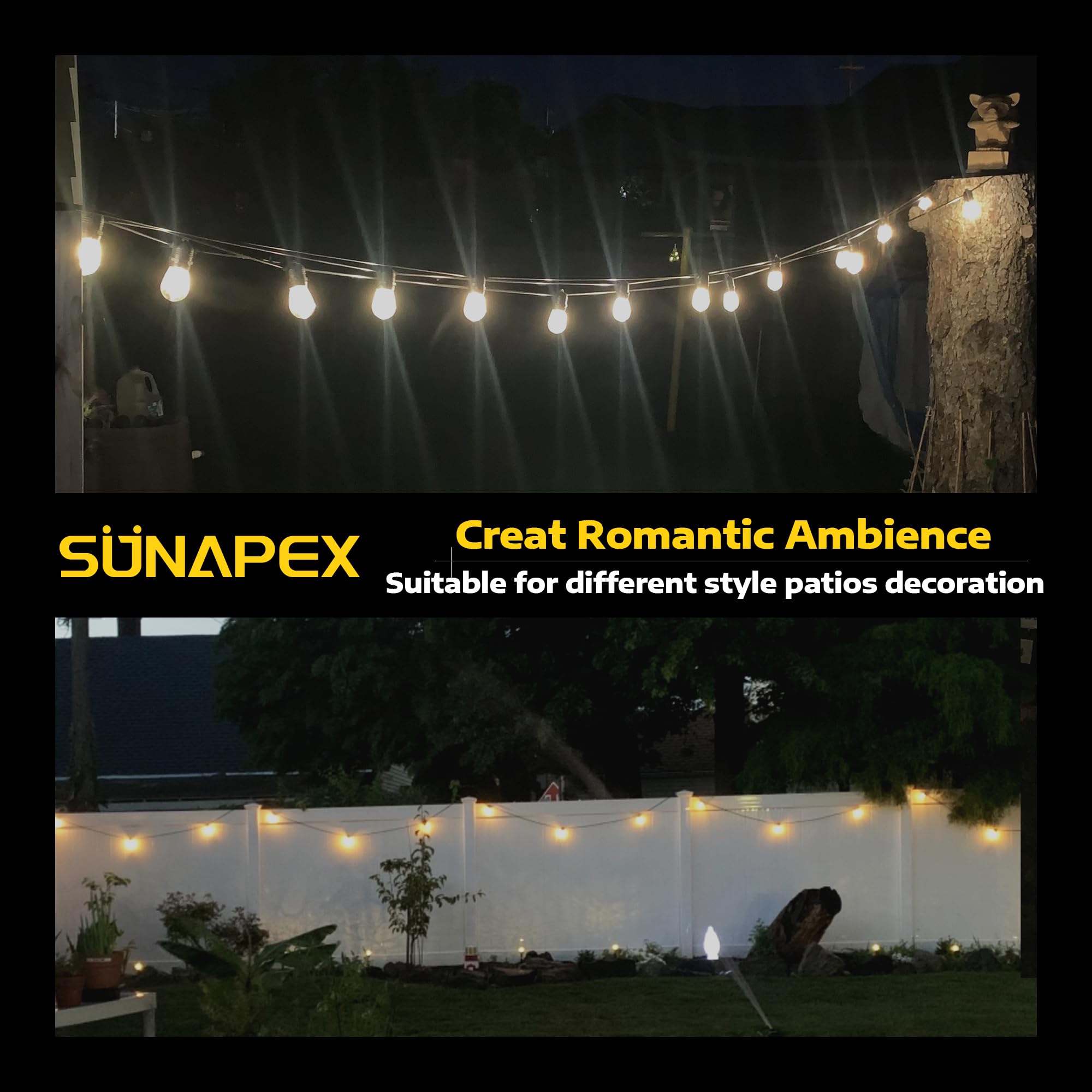 SUNAPEX 48FT Solar String Lights Outdoor Waterproof - Shatterproof Edison Bulbs, Solar Powered Patio Lights for Backyard, Garden, Camping & Decoration | Perfect for Outdoor Parties, Weddings & Nighttime Ambience