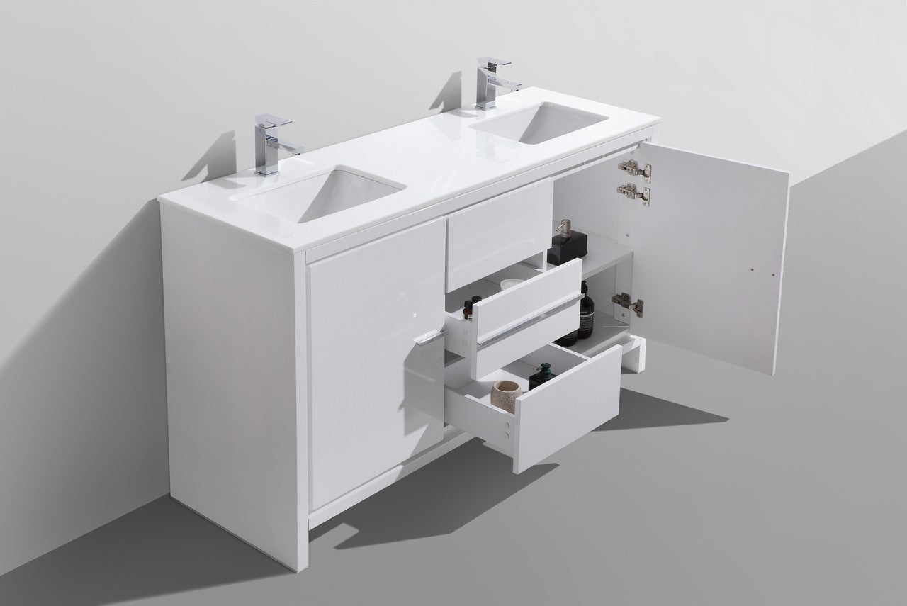 AD60 Double Sink Bathroom Vanity with Gloss White Quartz Countertop - Modern Floor Standing Design for Master Bath & Powder Room Renovation