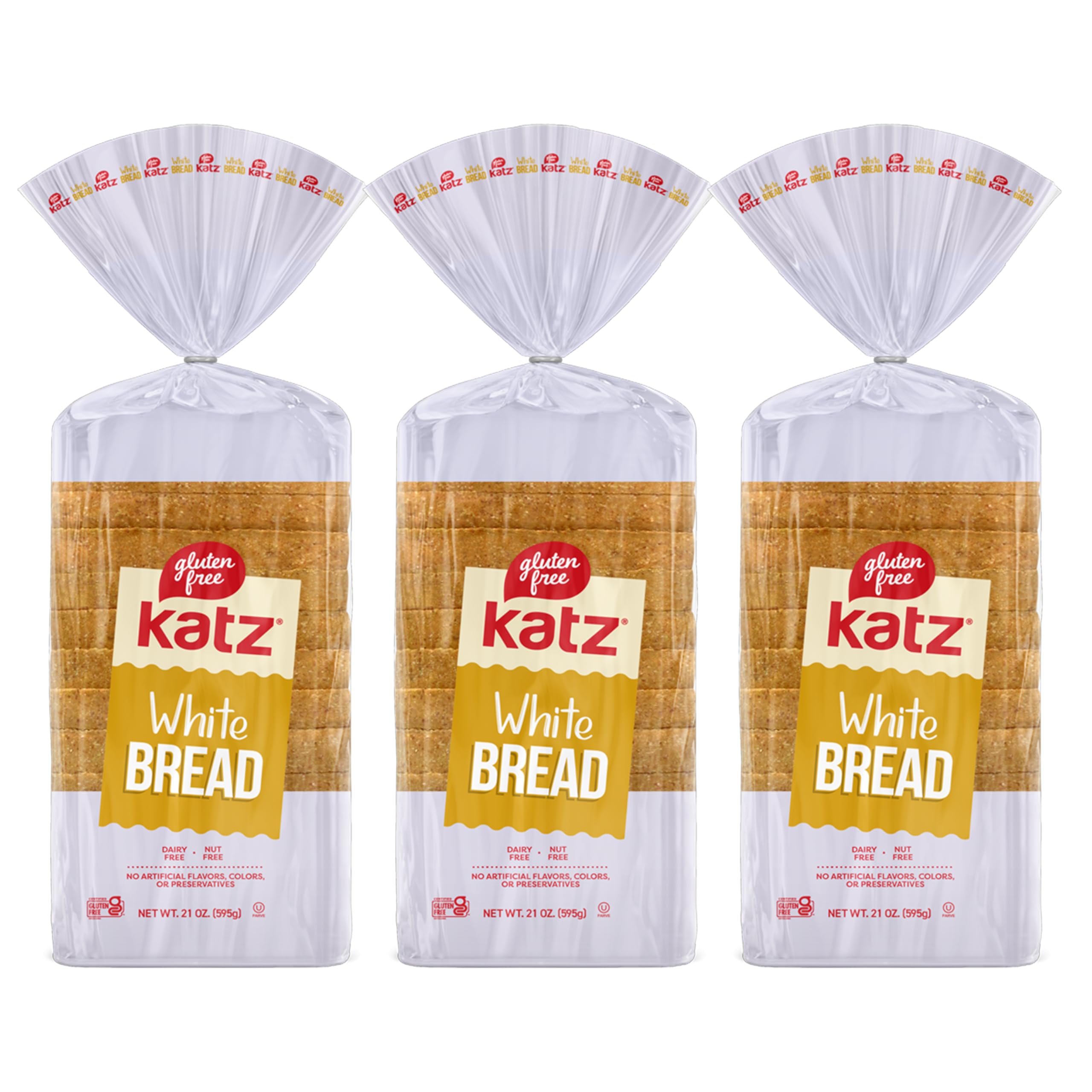 Katz Gluten Free White Bread - Dairy Free, Nut Free, Kosher Certified | 3 Pack (21oz Each) | Perfect for Sandwiches, Toast & Gluten-Free Diets