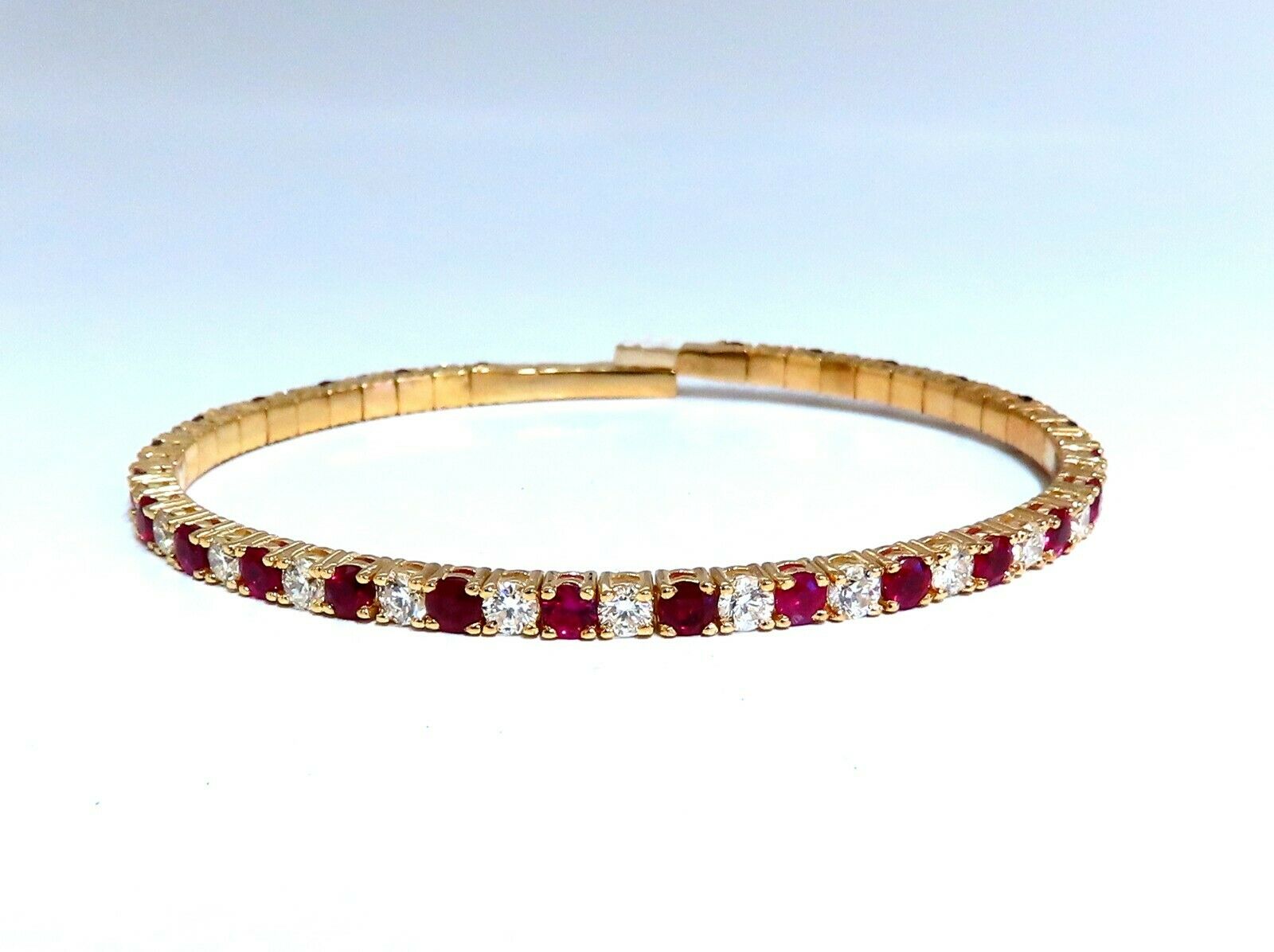 7.80ct Natural Round Cut Ruby & Diamond Bangle Bracelet in 14K Gold - Flexible Design for Women, Perfect for Weddings, Anniversaries & Special Occasions