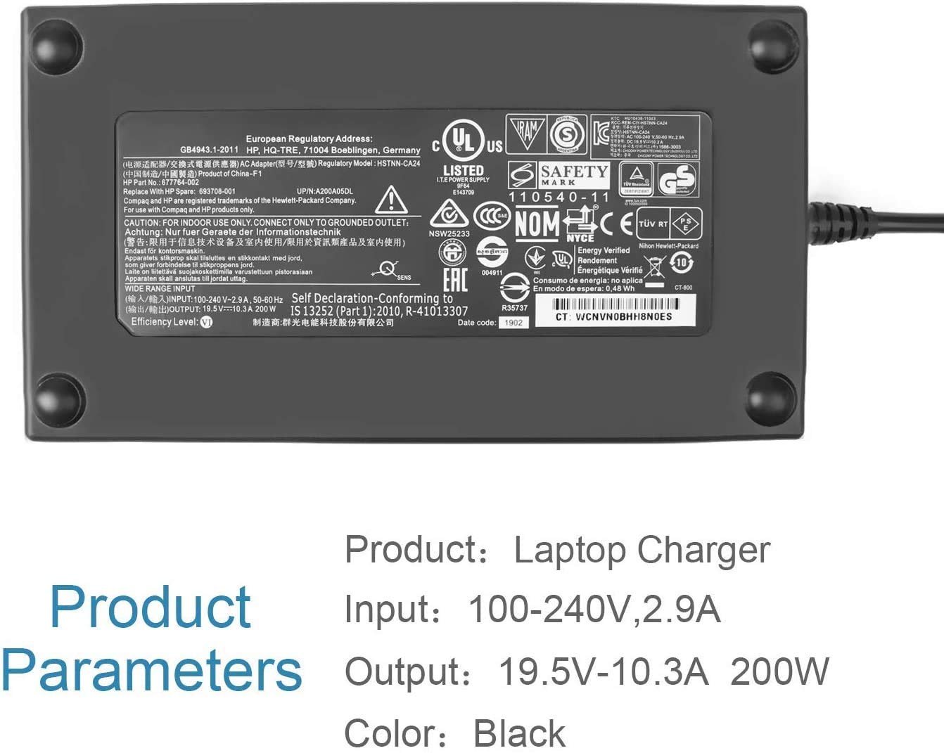 200W 19.5V 10.3A HP OMEN & ZBook Laptop Charger Power Adapter - Compatible with HP OMEN 15/17, ZBook 15/17 G3-G5, Pavilion Gaming 15-cx (TPN-CA03, L00818-850, 835888-001, TPN-DA10) - Perfect for Gaming & Workstations