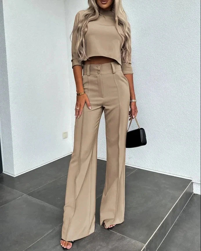 2024 New Fashion Women's Elegant High Neck Short Sleeve Top with Pocket & Micro Flare Pants Set - Casual Summer Outfits for Work, Dating and Vacation