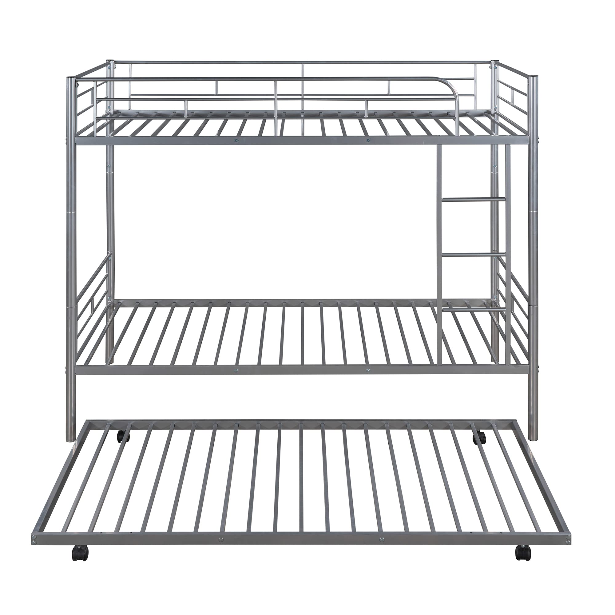 Harper & Bright Designs Twin Over Twin Metal Bunk Bed with Trundle - Heavy Duty Convertible Bunk Bed for Kids, Teens & Adults - Includes Safety Guard Rails & Removable Ladder - Can Be Separated into 2 Individual Beds - Silver Finish - Perfect for Small Bedrooms, Guest Rooms & Vacation Homes