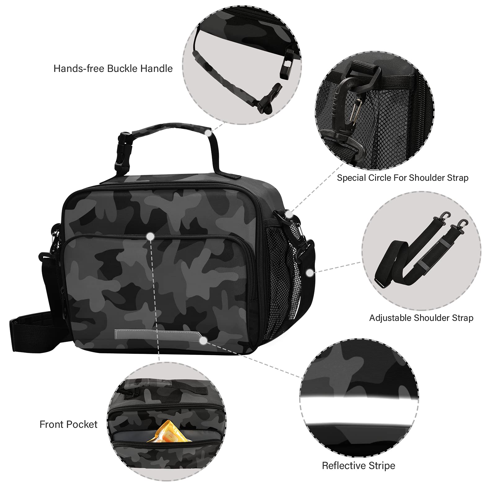 Xigua Insulated Lunch Bag with Detachable Shoulder Strap - Dark Black Monochrome Camo Cooler Tote for School, Office, Picnic & Travel | Leakproof Food Container for Men & Women | Perfect for Work Lunch, Beach Trips & Outdoor Activities